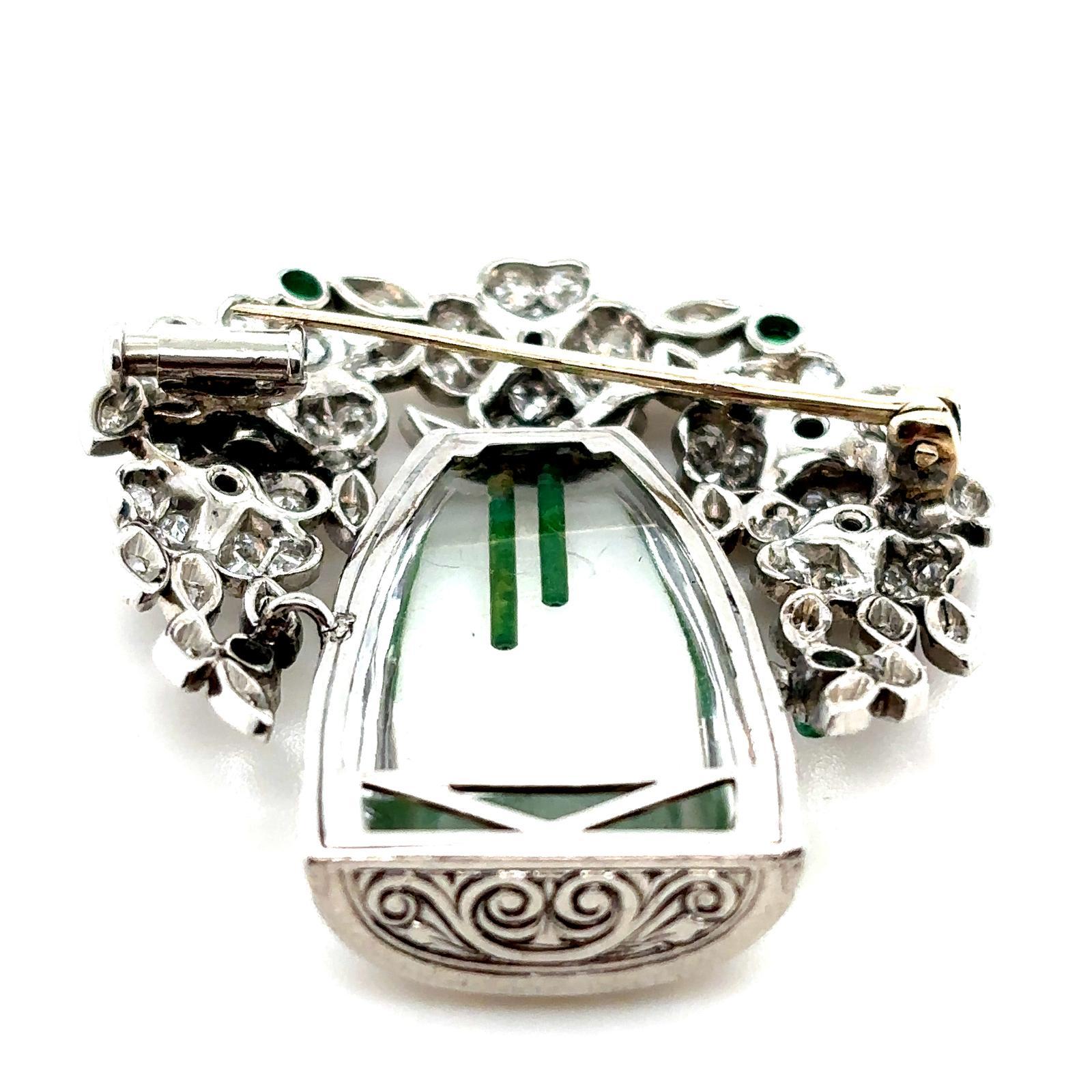 Art Deco Emerald Diamond and Crystal Flower Vase Platinum Brooch For Sale 2