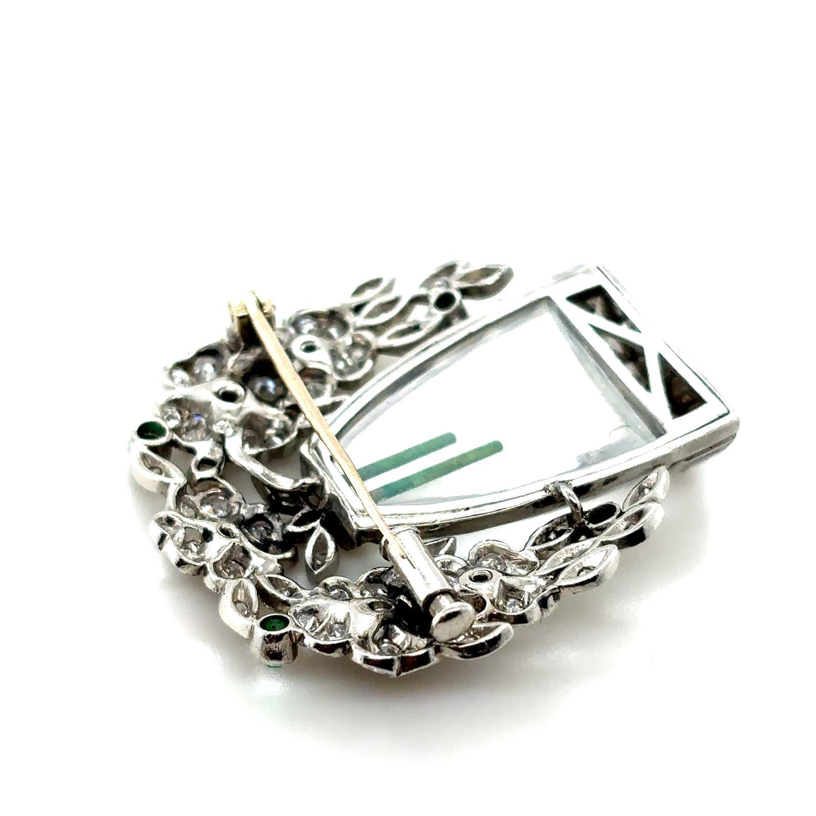 Art Deco Emerald Diamond and Crystal Flower Vase Platinum Brooch For Sale 3