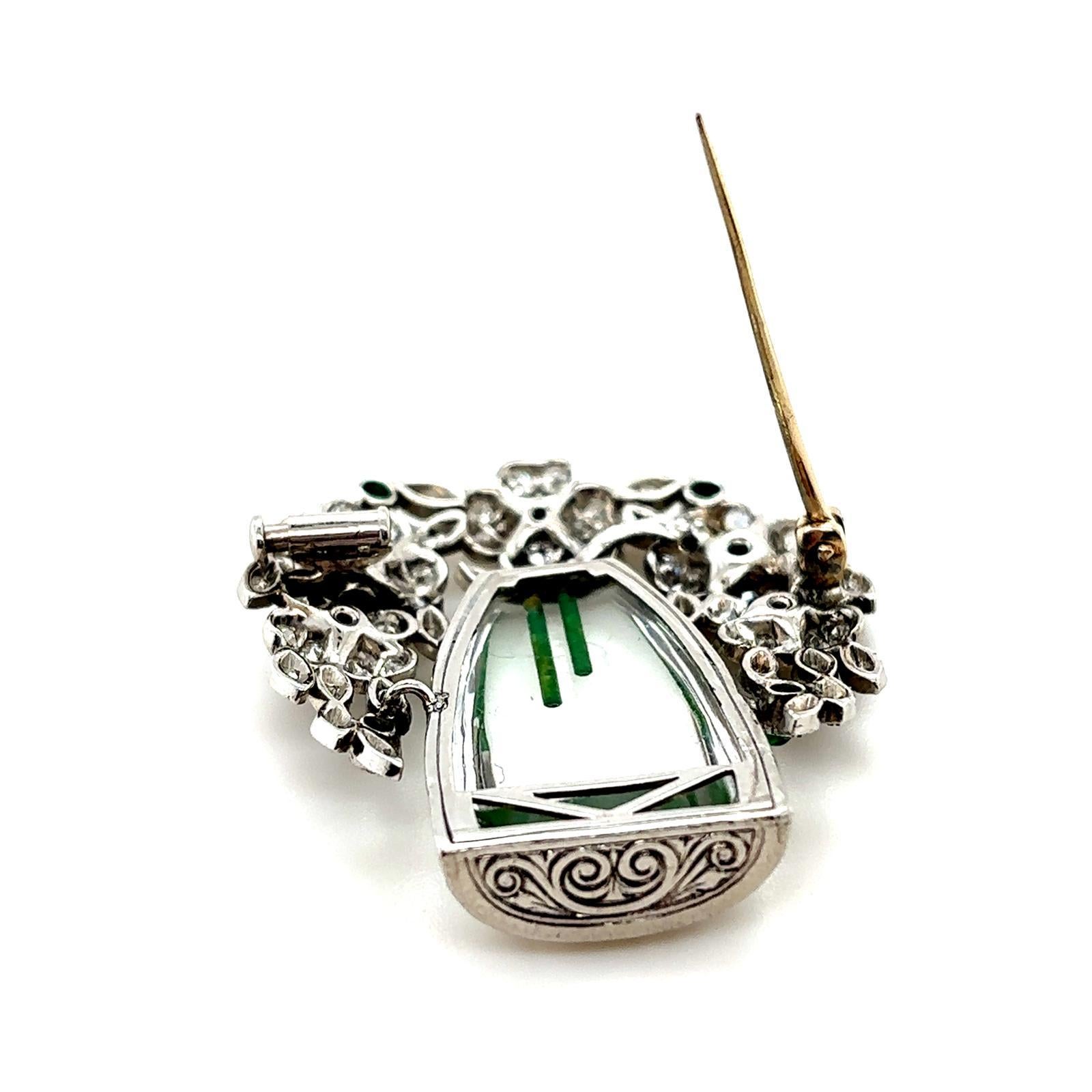 Art Deco Emerald Diamond and Crystal Flower Vase Platinum Brooch For Sale 4