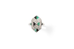 Art Deco Style Emerald Diamond and Onyx 18 Carat White Gold Ring