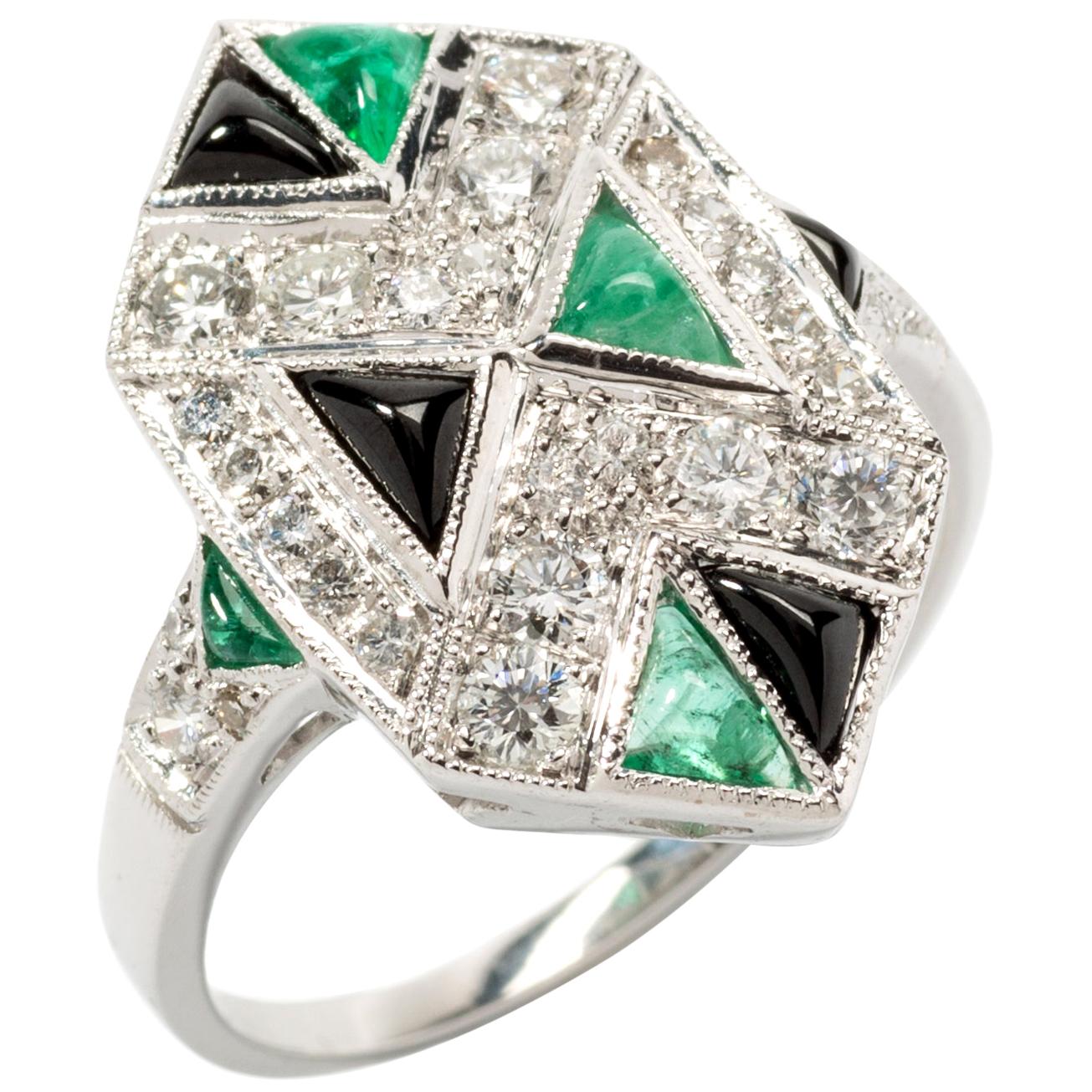 Art Deco Style Emerald Diamond and Onyx 18 Carat White Gold Ring For Sale