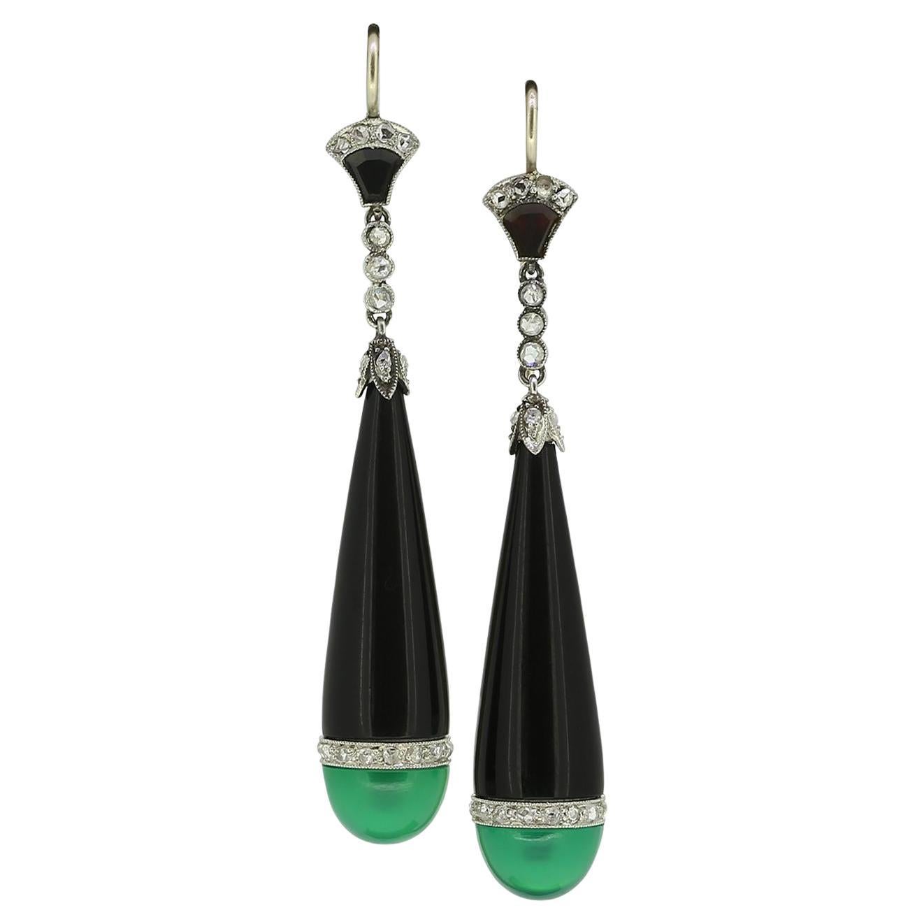 Art Deco Emerald Diamond and Onyx Drop Earrings For Sale