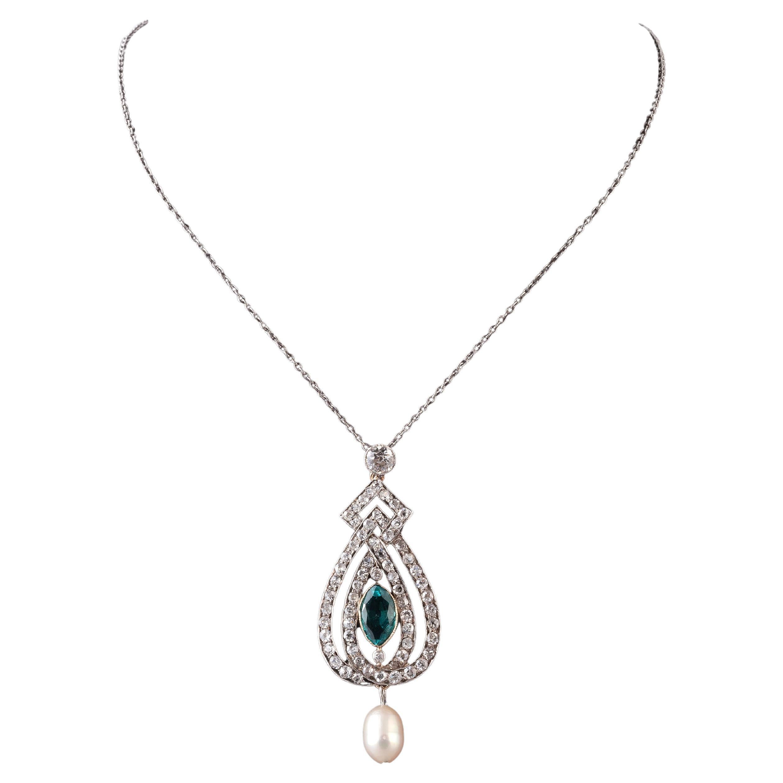 Marquise Cut Art Deco' Emerald Diamond And Pearl Pendant And Necklace For Sale