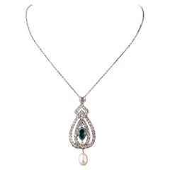 Art Deco' Emerald Diamond And Pearl Pendant And Necklace