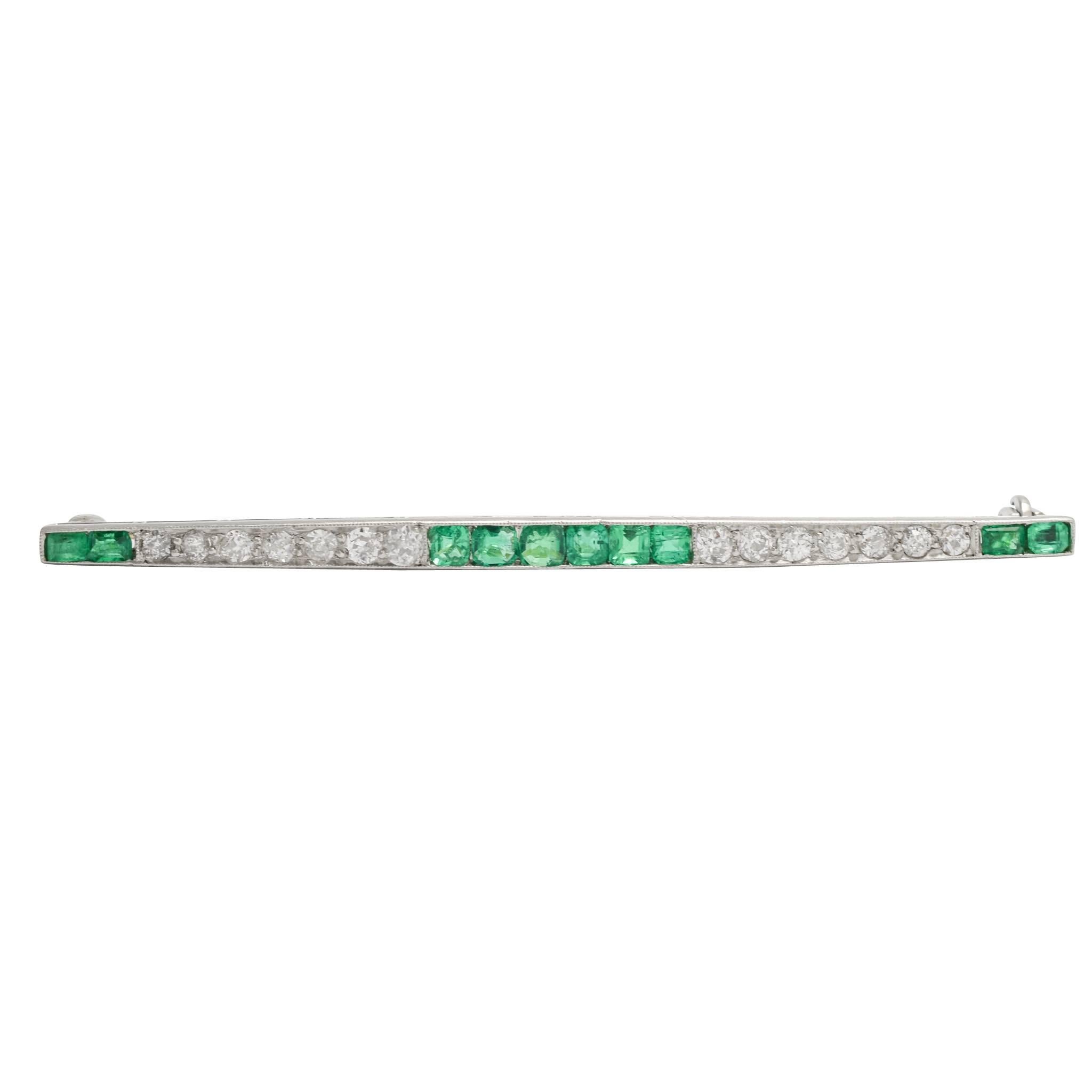 Art Deco Emerald Diamond Bar Brooch
