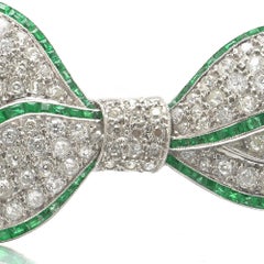 Art Deco Emerald & Diamond Bow Brooch, Platinum