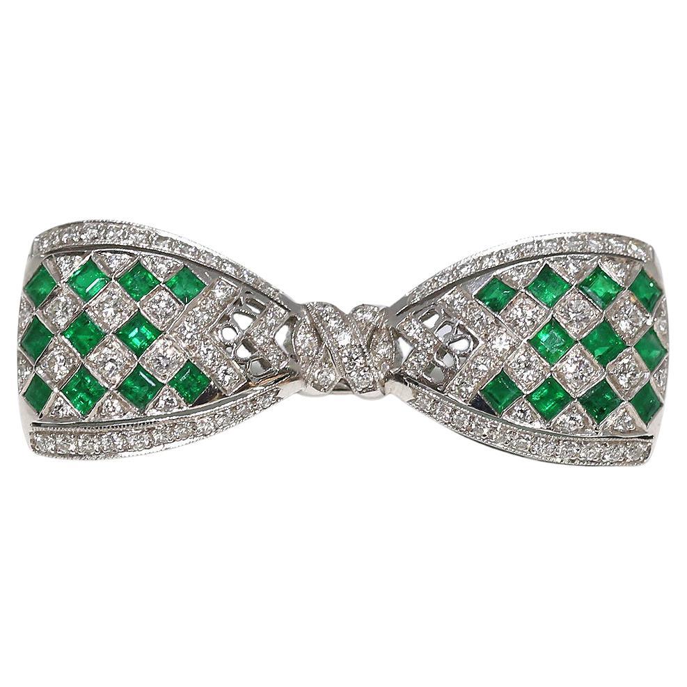 Art Deco Emerald Diamond Bow Platinum Brooch, 1930