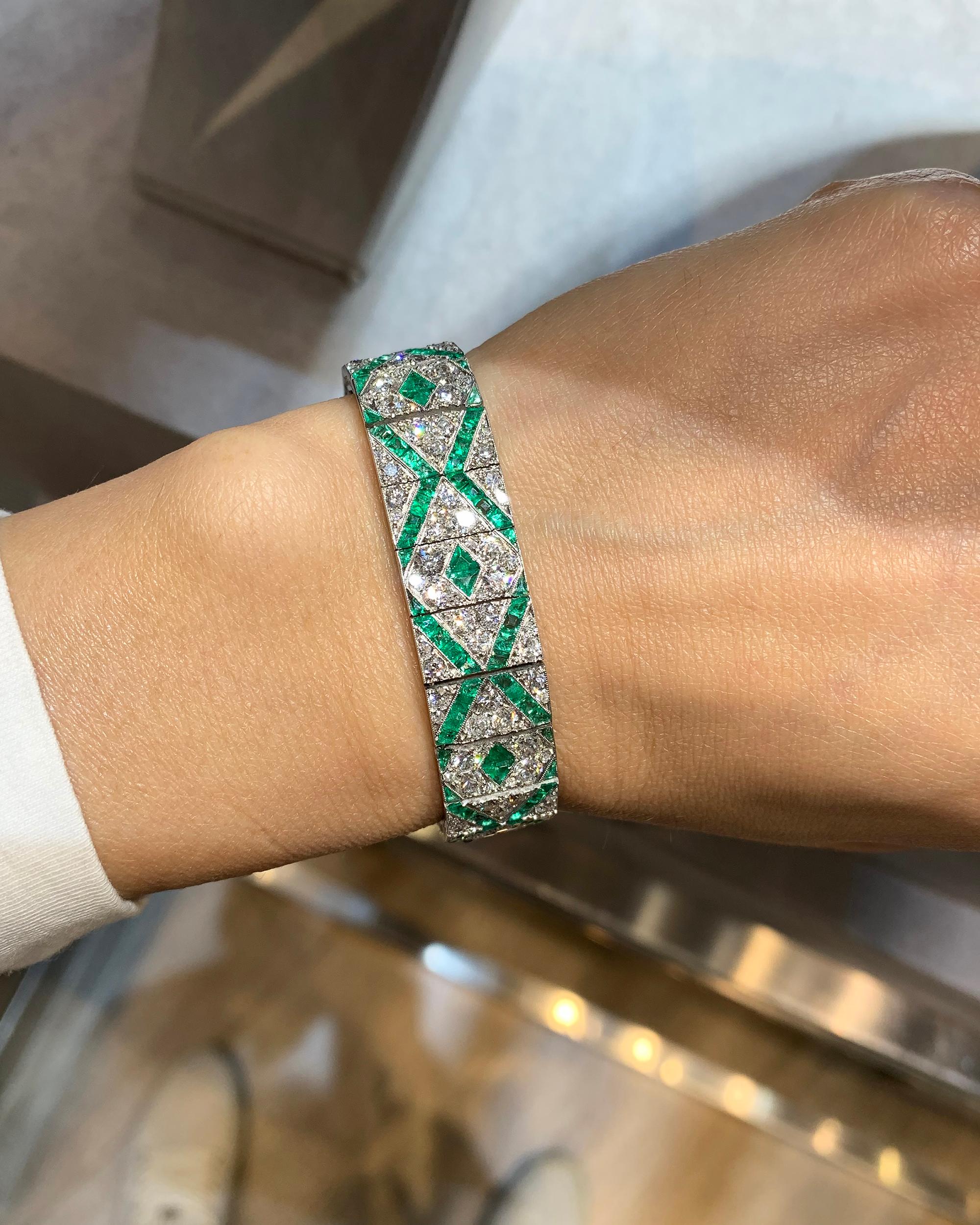 Mixed Cut Art Deco Emerald Diamond Bracelet