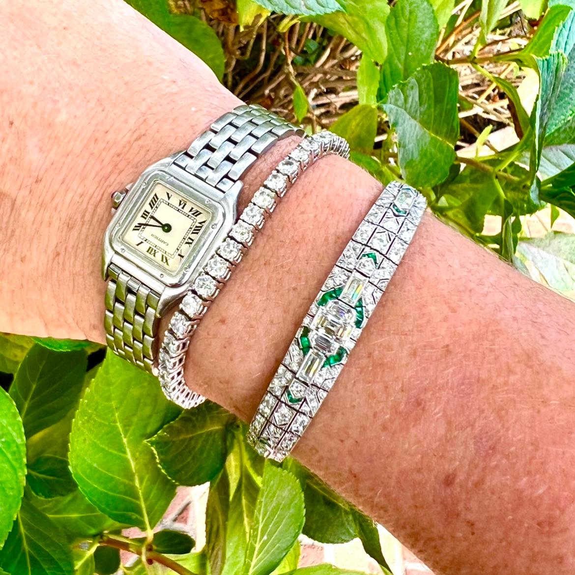 Mixed Cut Art Deco Emerald Diamond Bracelet For Sale