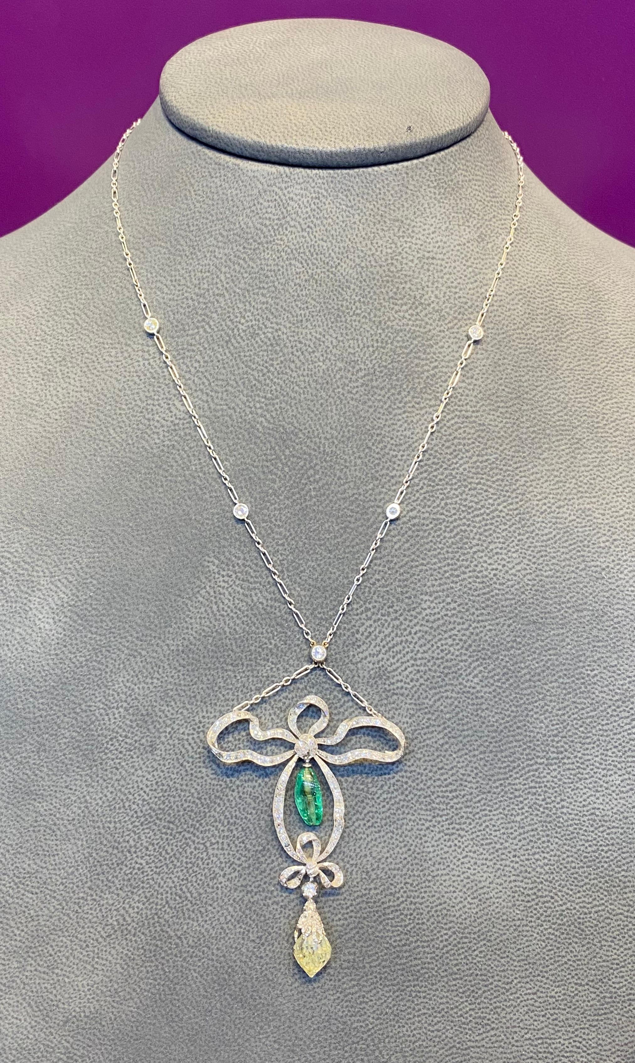Art Deco Emerald & Diamond Briolette Bow Necklace For Sale 2