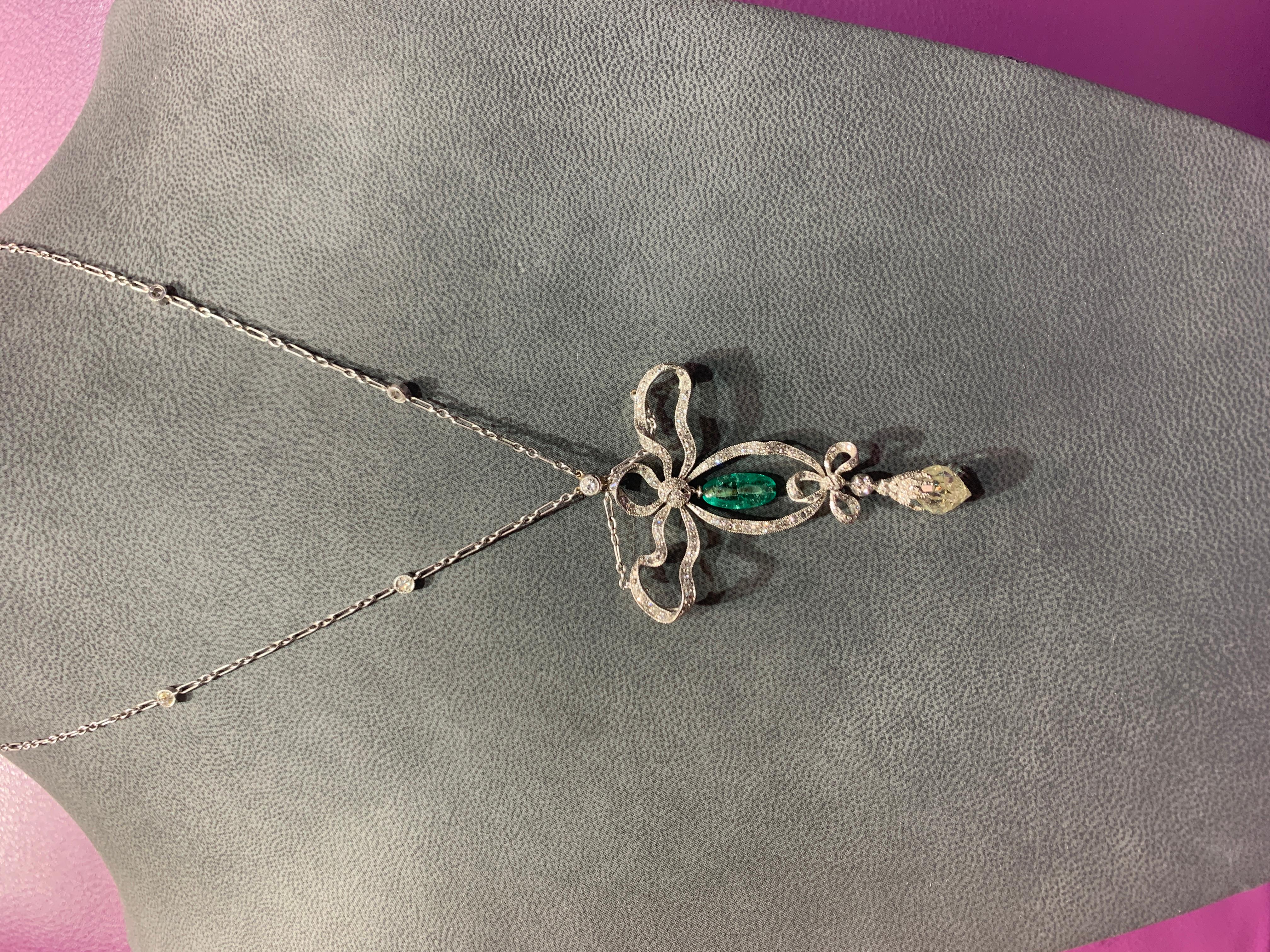 Art Deco Emerald & Diamond Briolette Bow Necklace For Sale 3