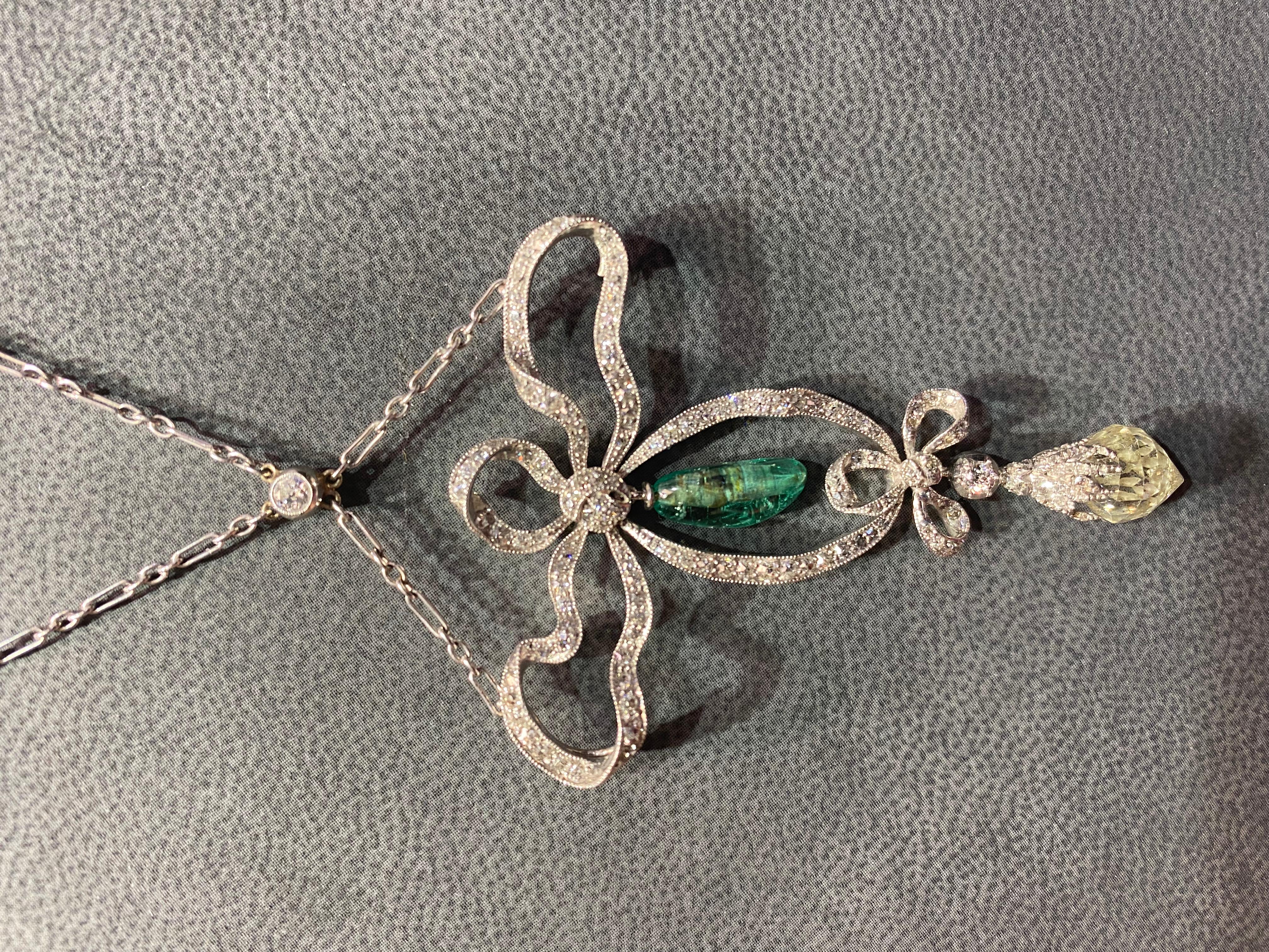 Art Deco Emerald & Diamond Briolette Bow Necklace For Sale 4