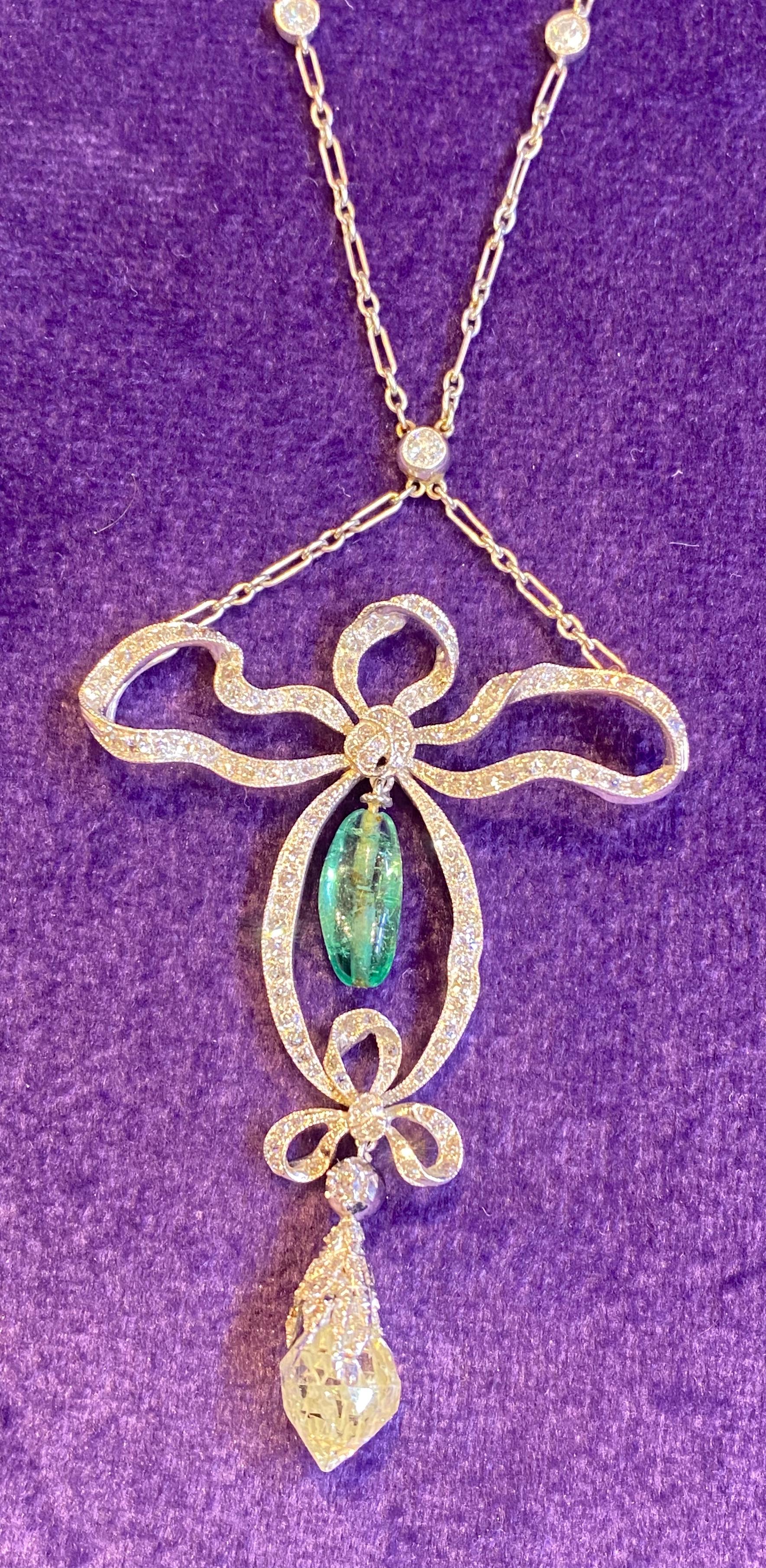 Briolette Cut Art Deco Emerald & Diamond Briolette Bow Necklace For Sale
