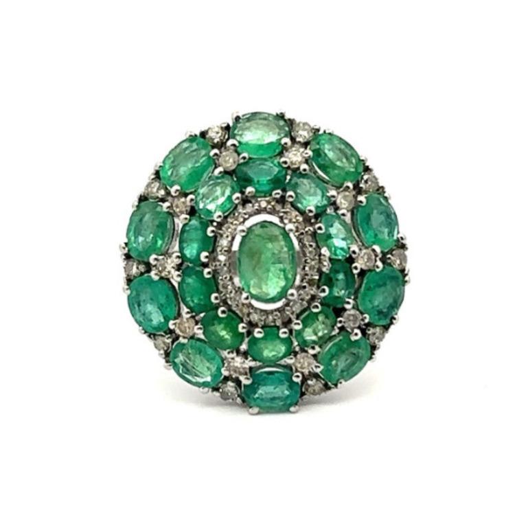 For Sale:  Art Deco Emerald Diamond Cluster Big Cocktail Ring in Sterling Silver 2