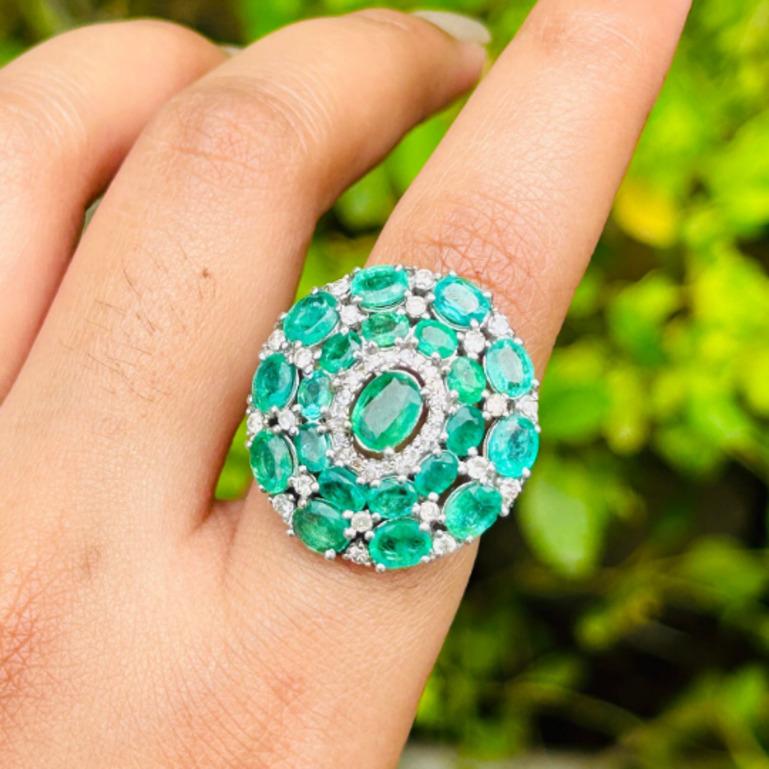 For Sale:  Art Deco Emerald Diamond Cluster Big Cocktail Ring in Sterling Silver 3