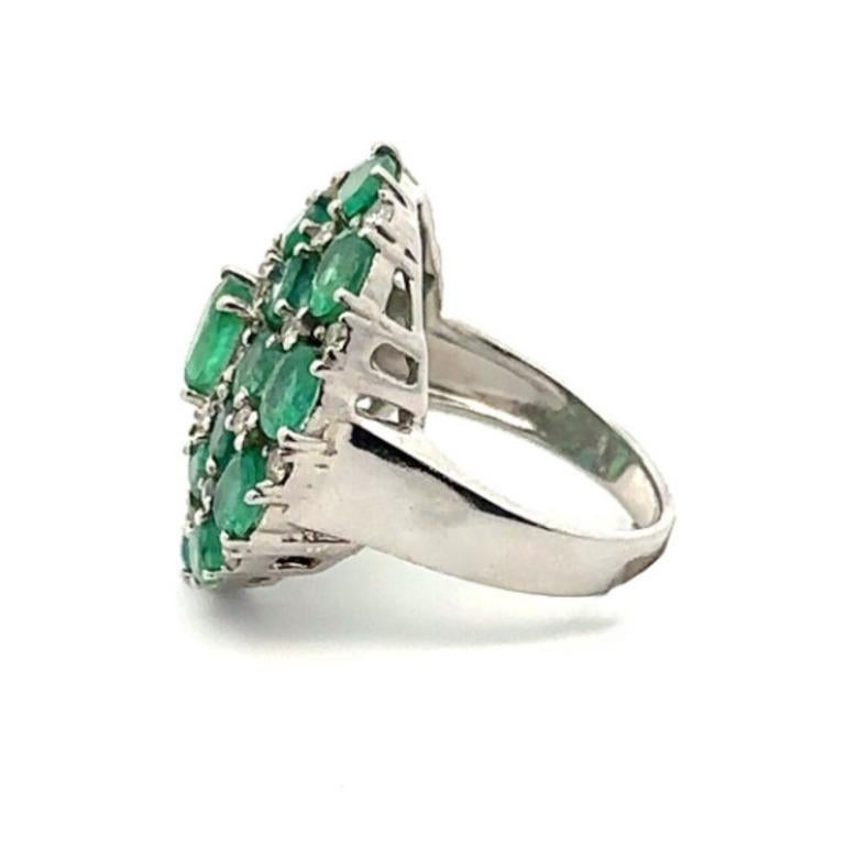 For Sale:  Art Deco Emerald Diamond Cluster Big Cocktail Ring in Sterling Silver 5