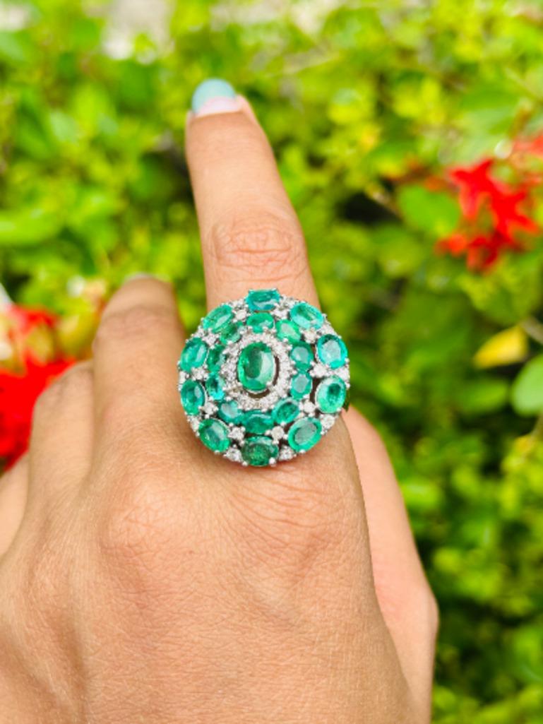 For Sale:  Art Deco Emerald Diamond Cluster Big Cocktail Ring in Sterling Silver 6