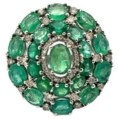 Art Deco Emerald Diamond Cluster Big Cocktail Ring in Sterling Silver