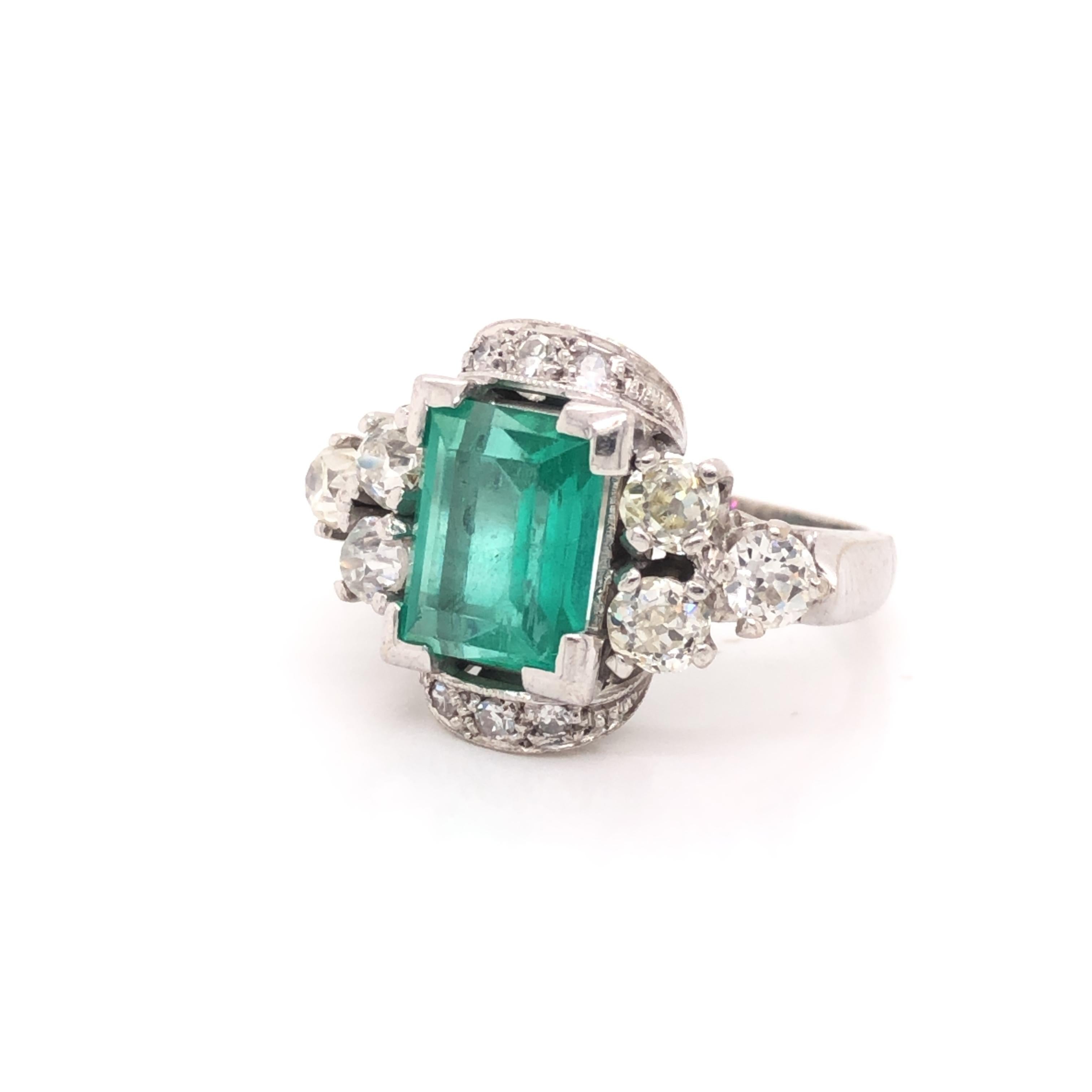 Emerald Cut Art Deco Emerald & Diamond Cocktail Ring