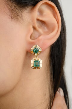 Art Deco Emerald Diamond Dangle Earrings Gift for Women in 18k Solid Yellow Gold