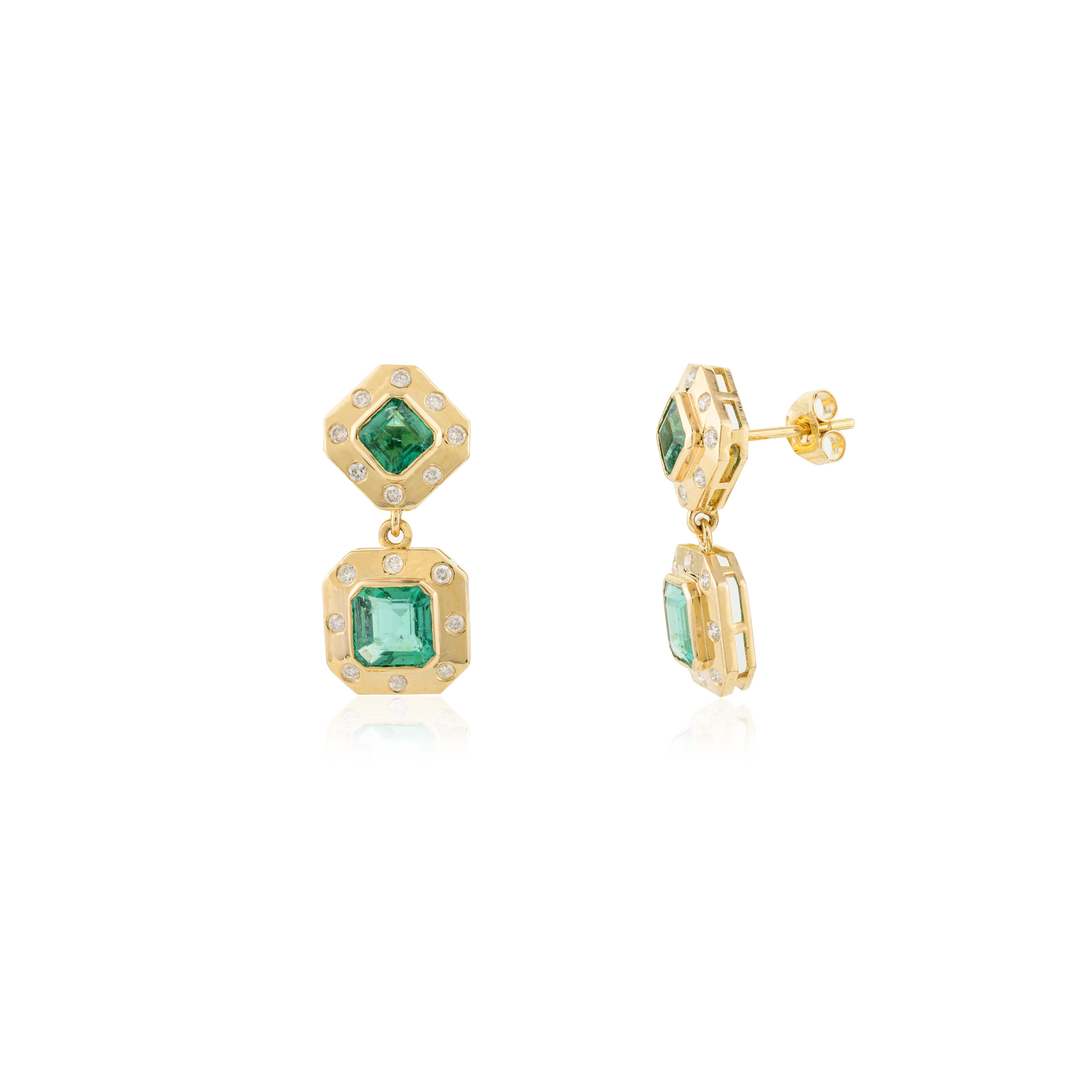 Orecchini Art Deco con diamante smeraldo, regalo per le donne in oro giallo massiccio 18 ct. in vendita 1