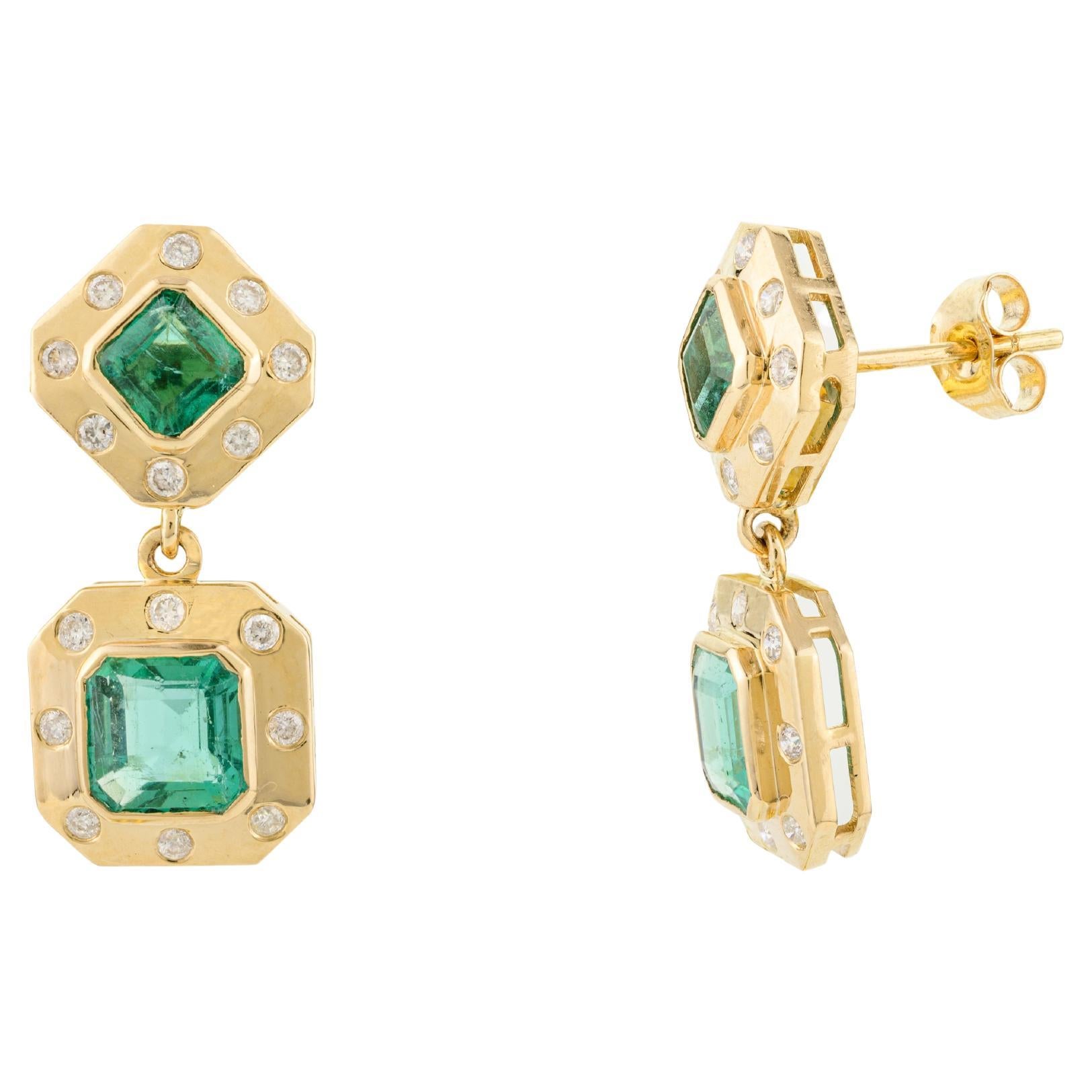 Art Deco Emerald Diamond Dangle Earrings Gift for Women in 18k Solid Yellow Gold
