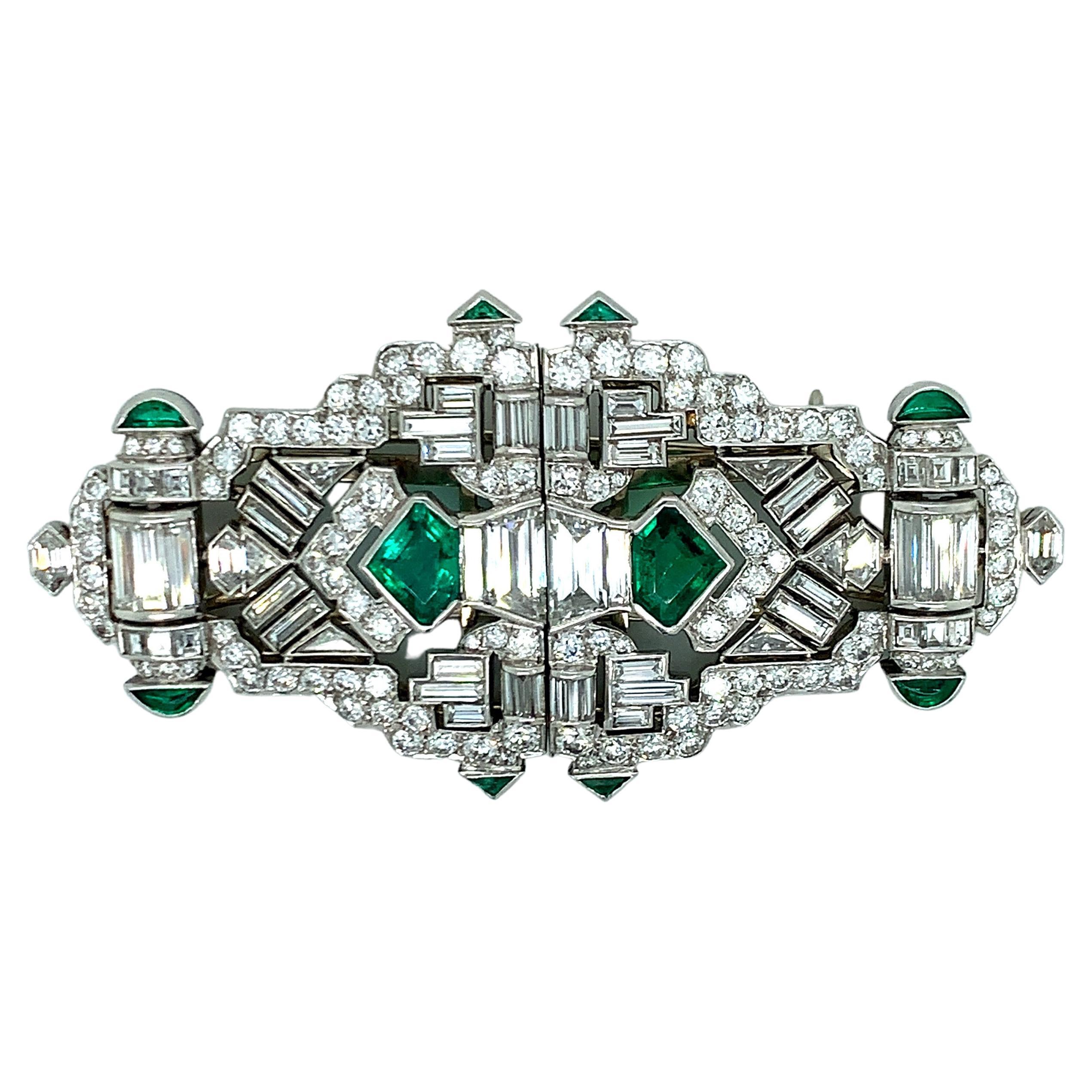 Art Deco Emerald Diamond Double-Clip Brooch