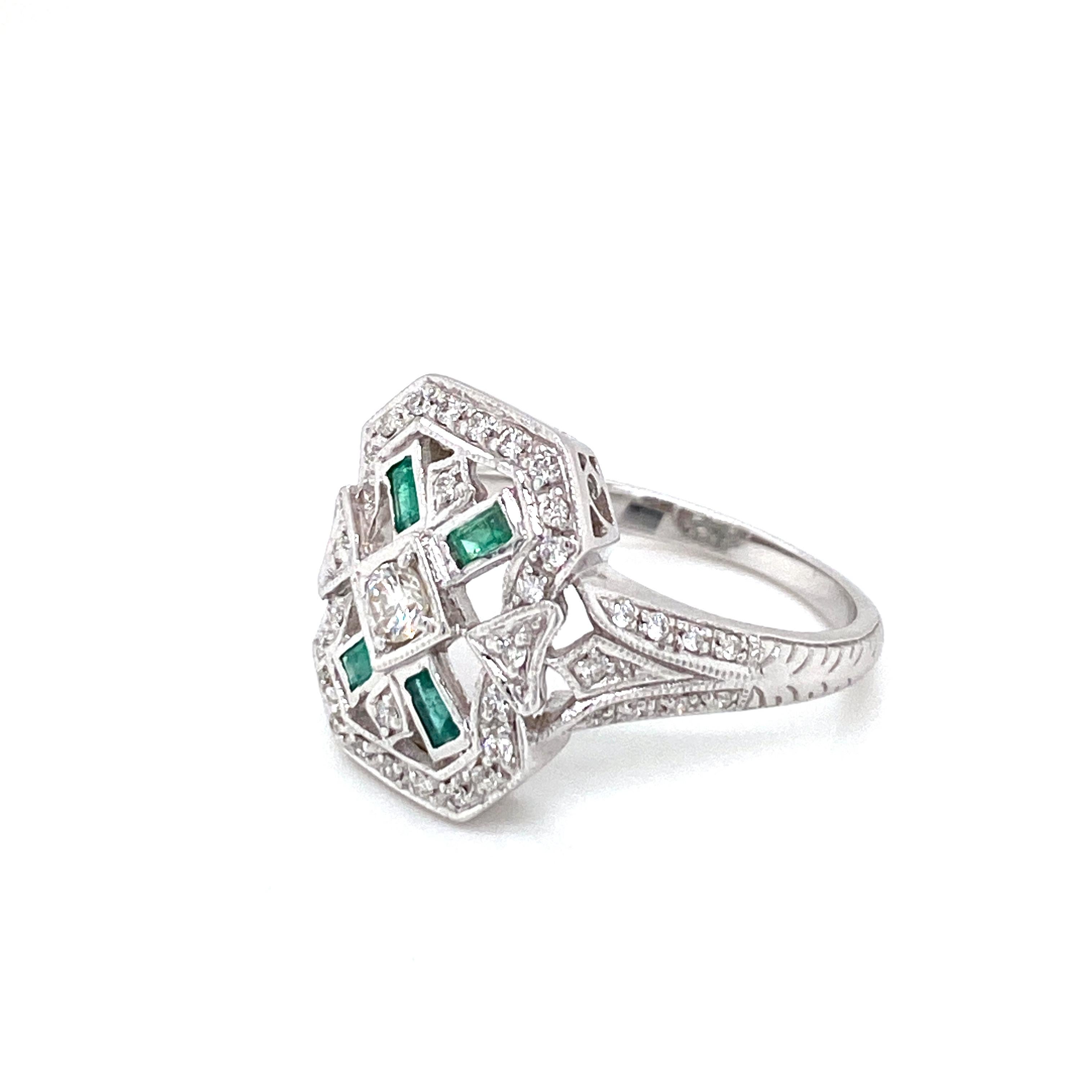 Art Deco Style Emerald Diamond Engagement Ring 6