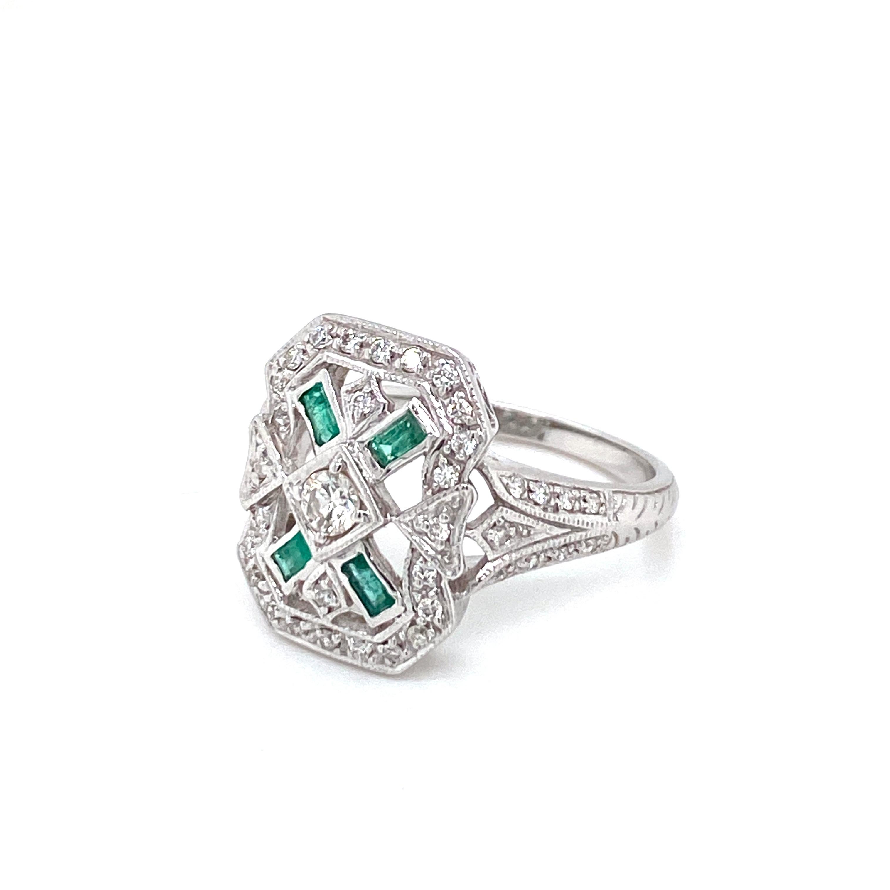 Art Deco Style Emerald Diamond Engagement Ring 7