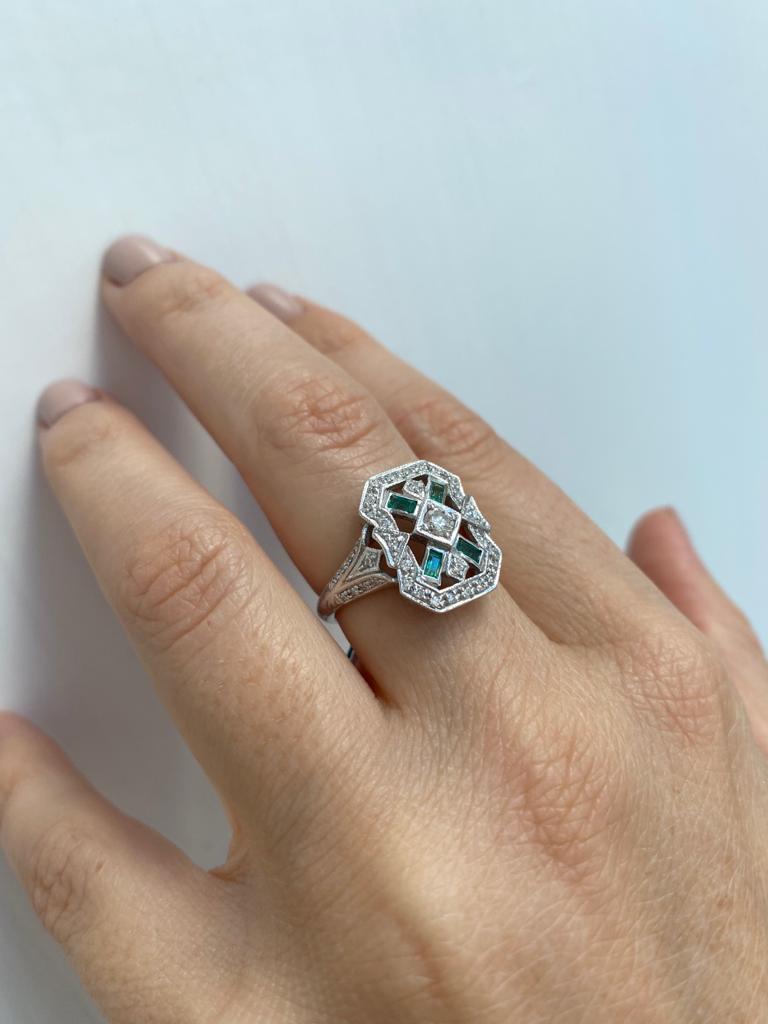 Art Deco Style Emerald Diamond Engagement Ring 9