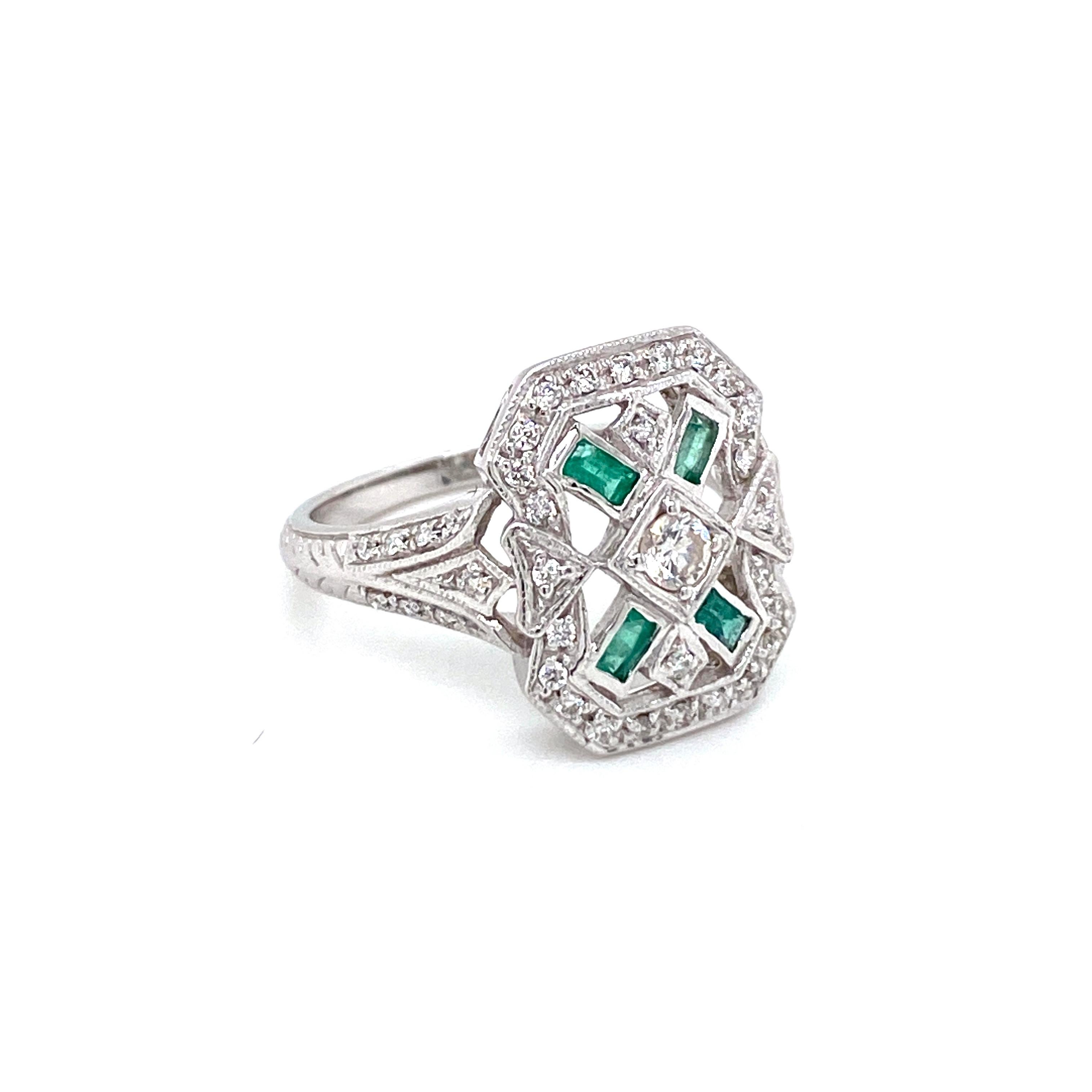 Mixed Cut Art Deco Style Emerald Diamond Engagement Ring