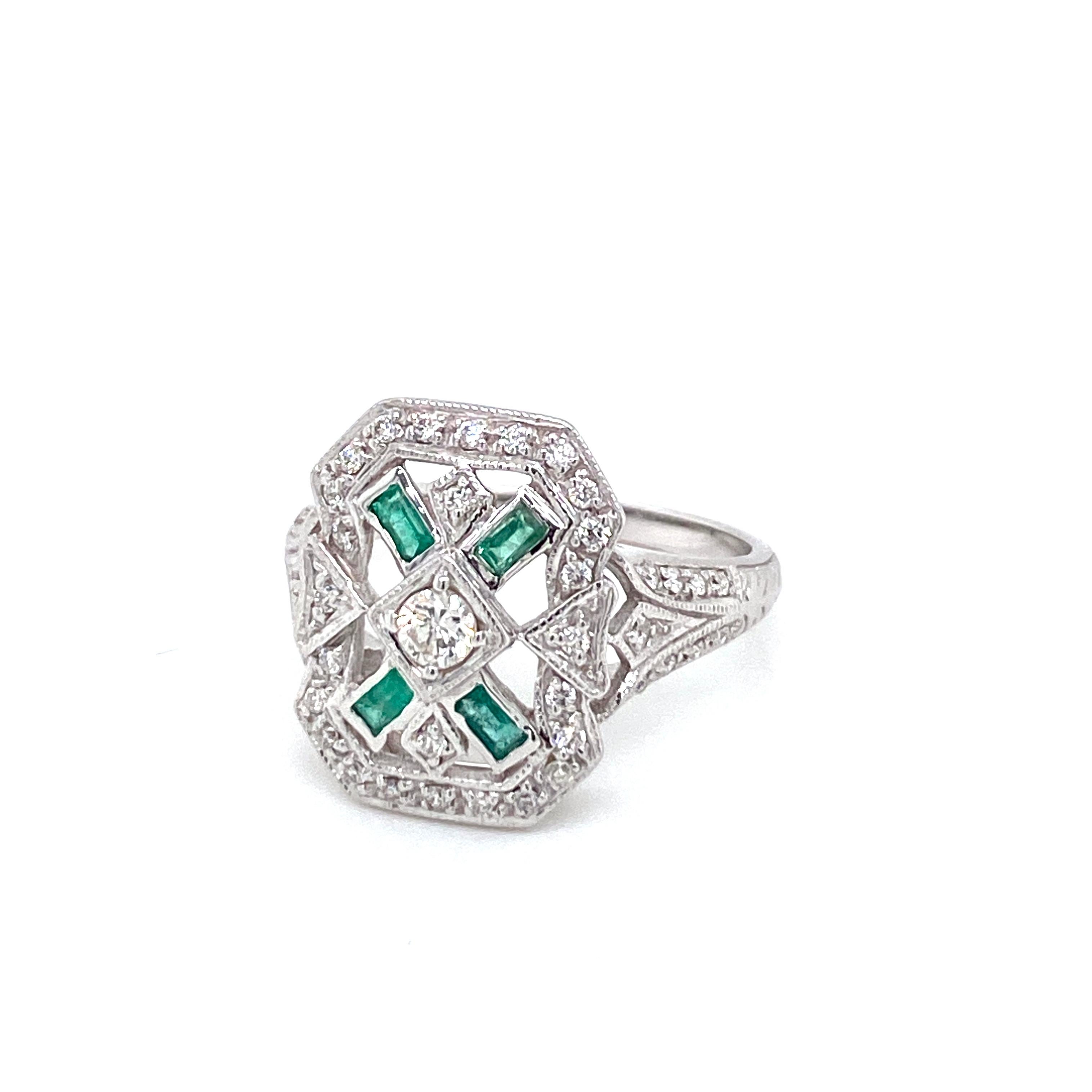 Women's or Men's Art Deco Style Emerald Diamond Engagement Ring