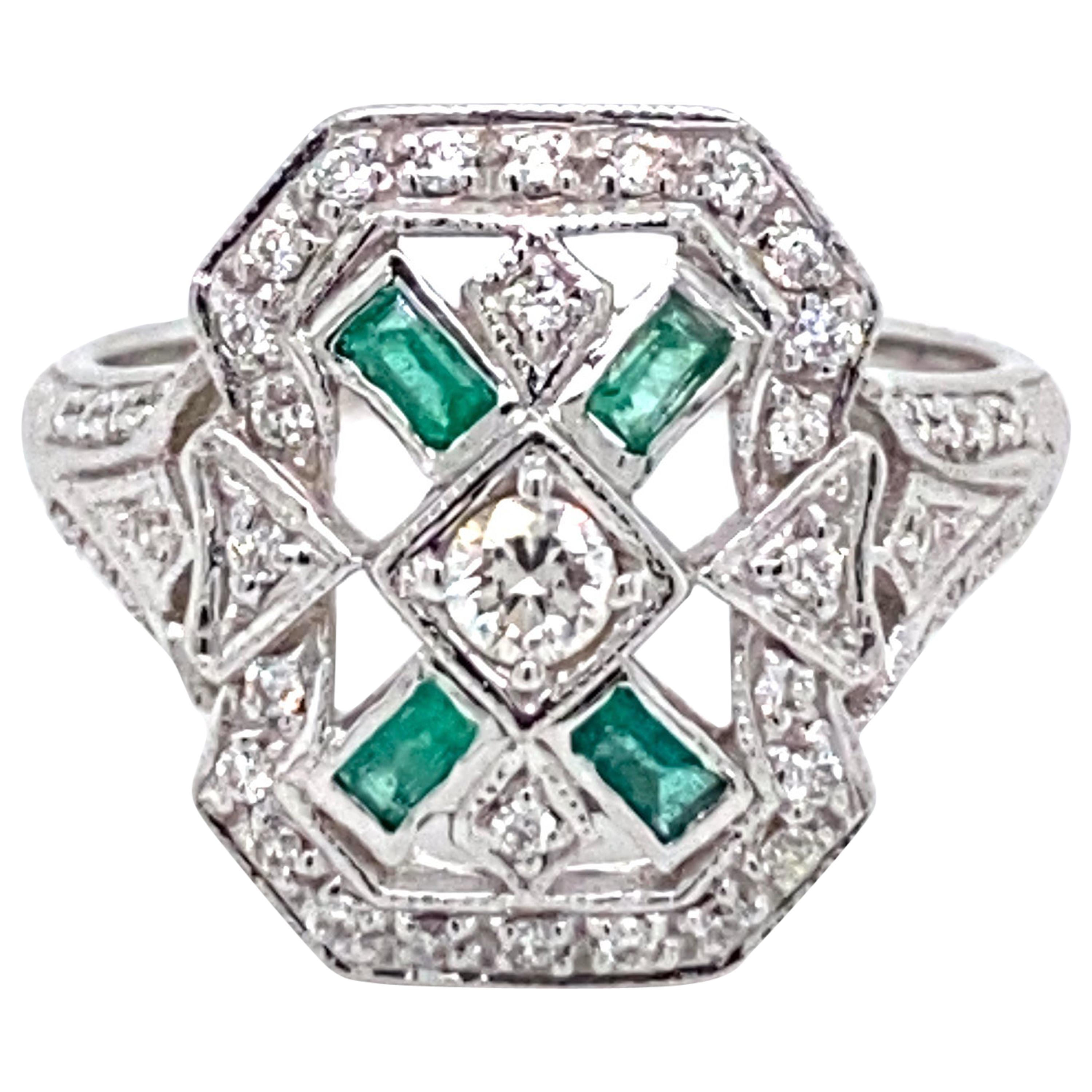 Art Deco Style Emerald Diamond Engagement Ring