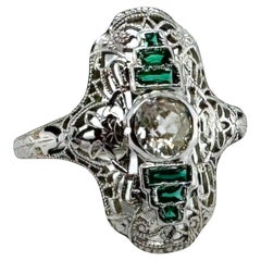 Art Deco Emerald 
Diamond Filigree Ring 18K White Gold