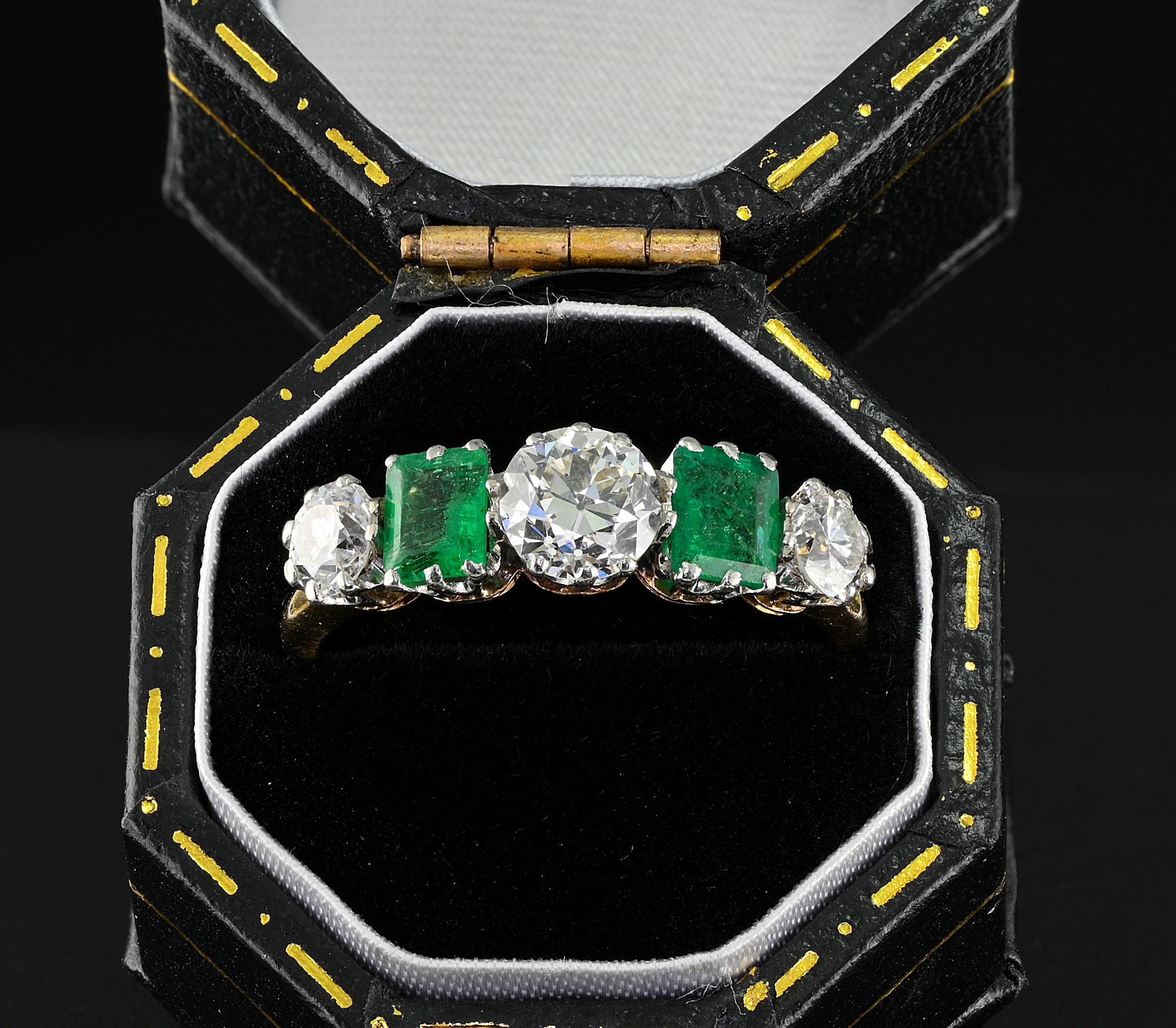 This marvelous five stone ring is Art Deco period C 1925
Hand made during the time of solid 18 KT with Platinum prongs, marked
Traditional five stone setting comprising a selection of 3 old European cut Diamonds (.25 -.50 -.25 – G – VVS/VS) totaling