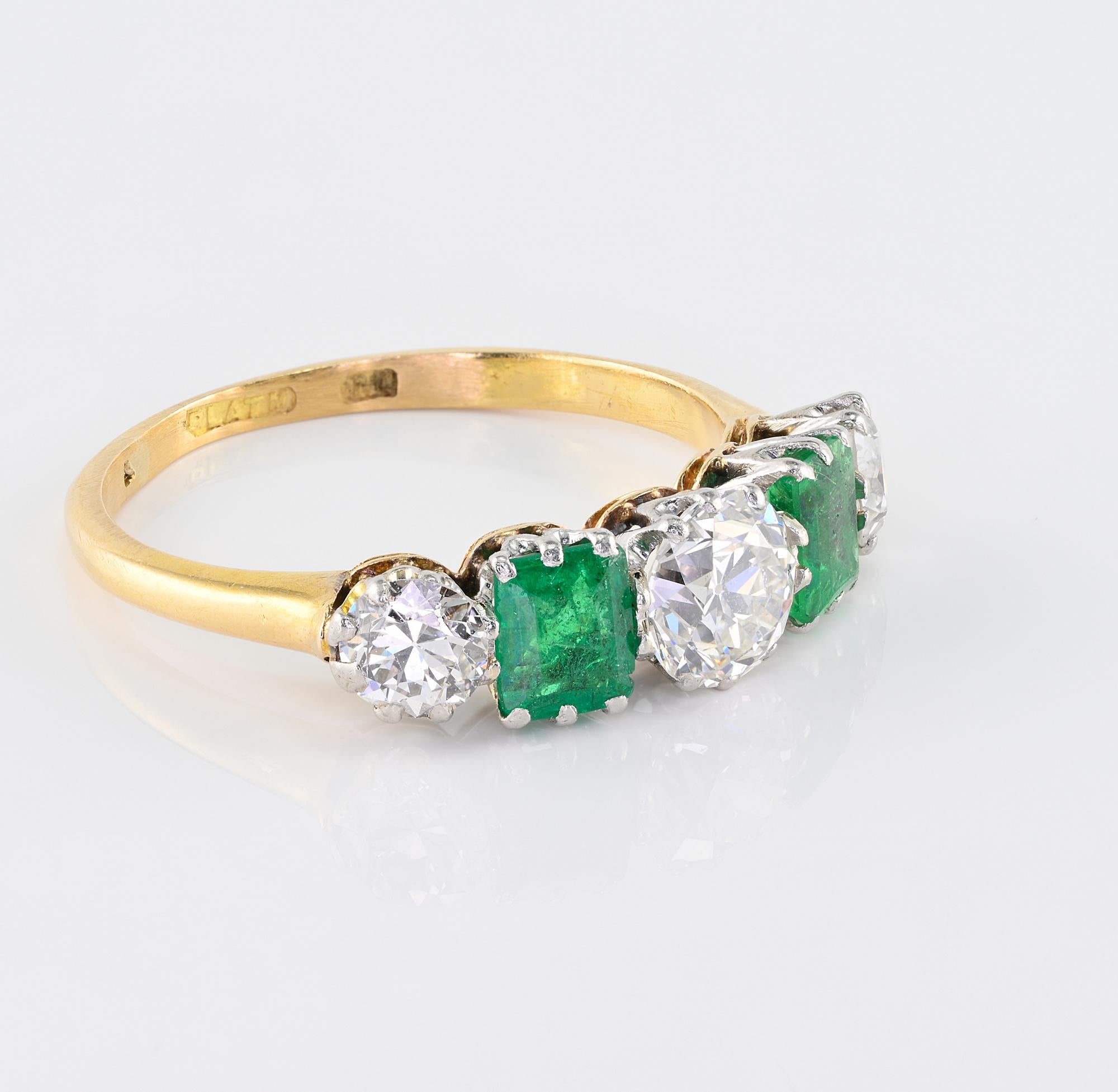Old European Cut Art Deco Emerald Diamond Five Stone Ring 18 KT /Platinum For Sale