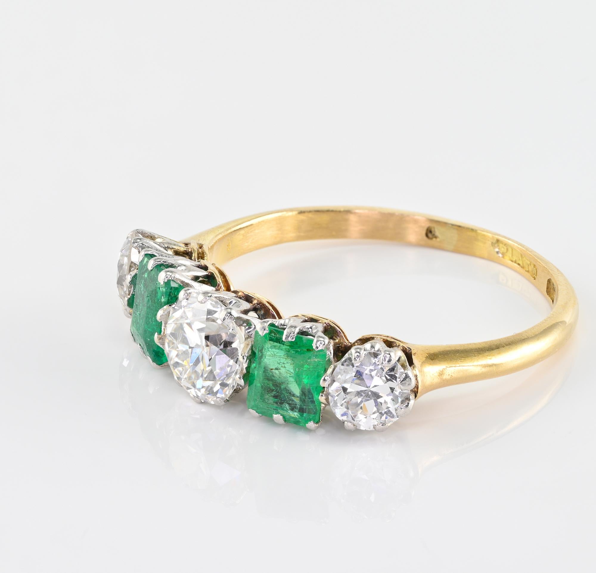 Women's or Men's Art Deco Emerald Diamond Five Stone Ring 18 KT /Platinum For Sale