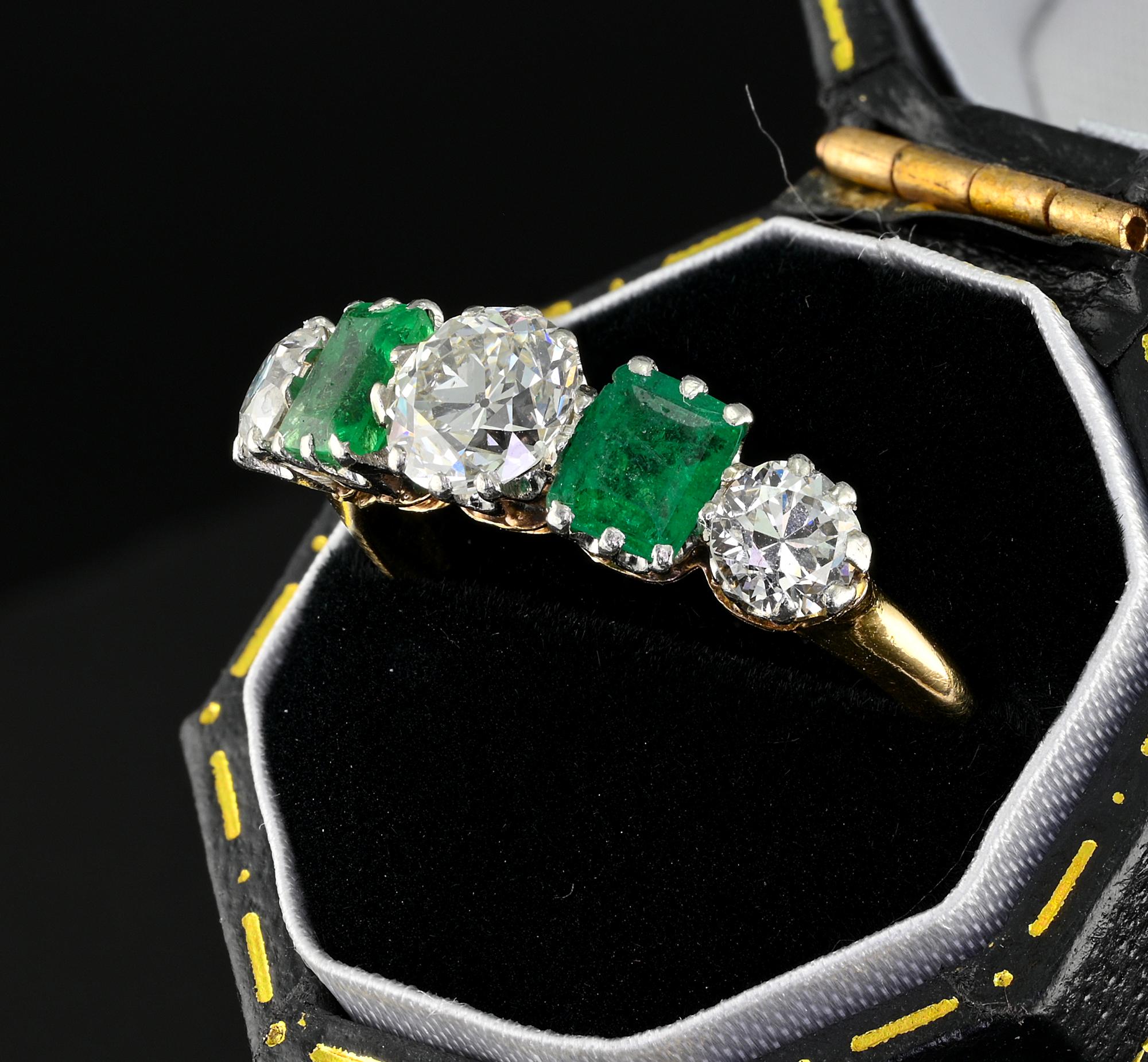 Art Deco Emerald Diamond Five Stone Ring 18 KT /Platinum For Sale 1