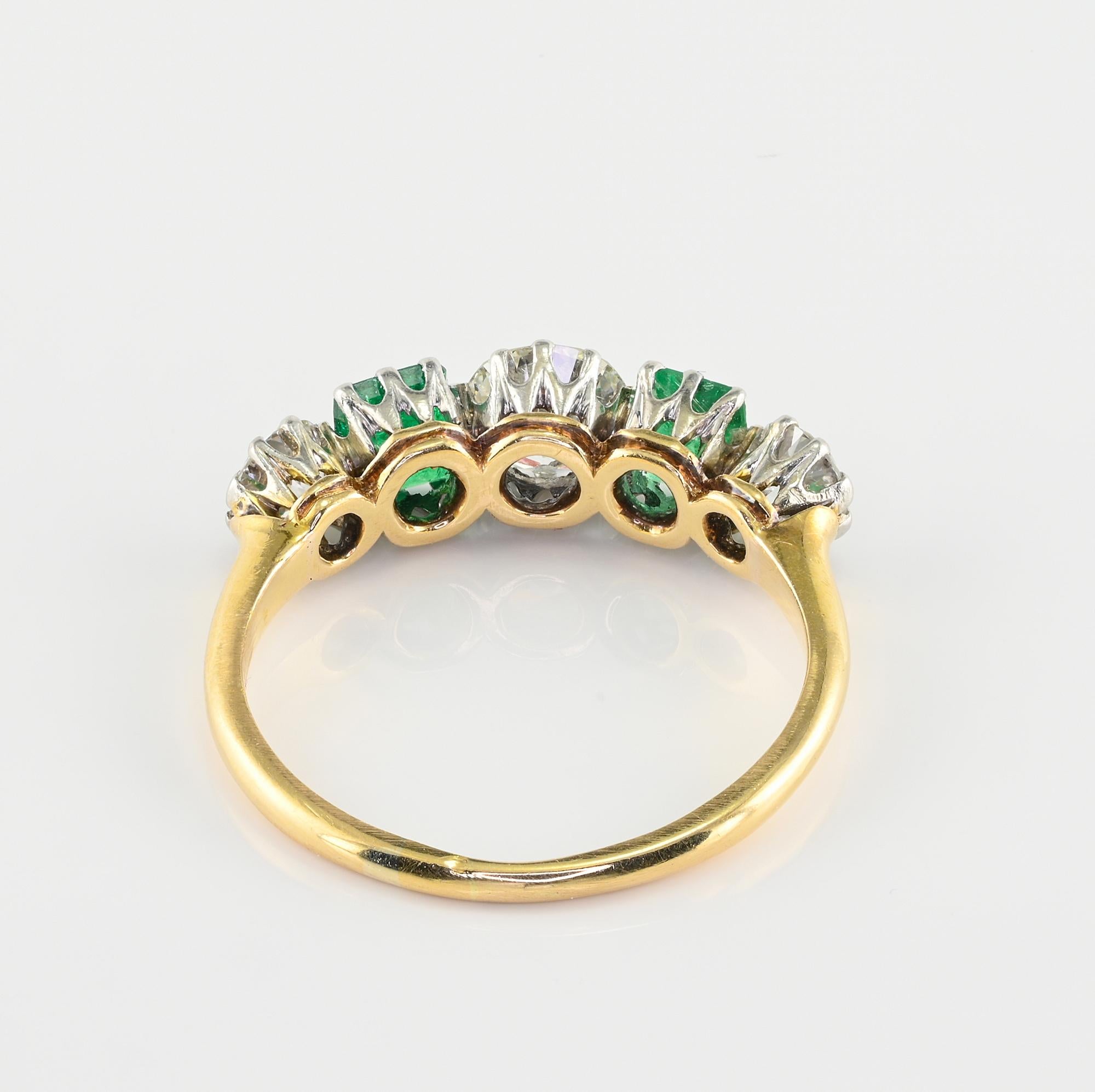 Art Deco Emerald Diamond Five Stone Ring 18 KT /Platinum For Sale 3