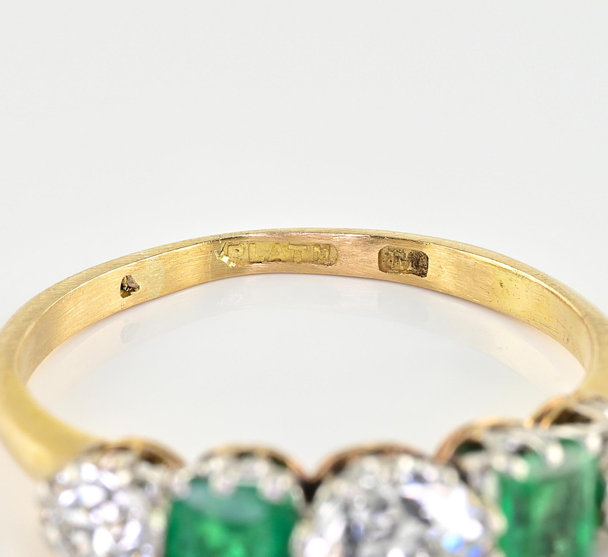 Art Deco Emerald Diamond Five Stone Ring 18 KT /Platinum For Sale 4