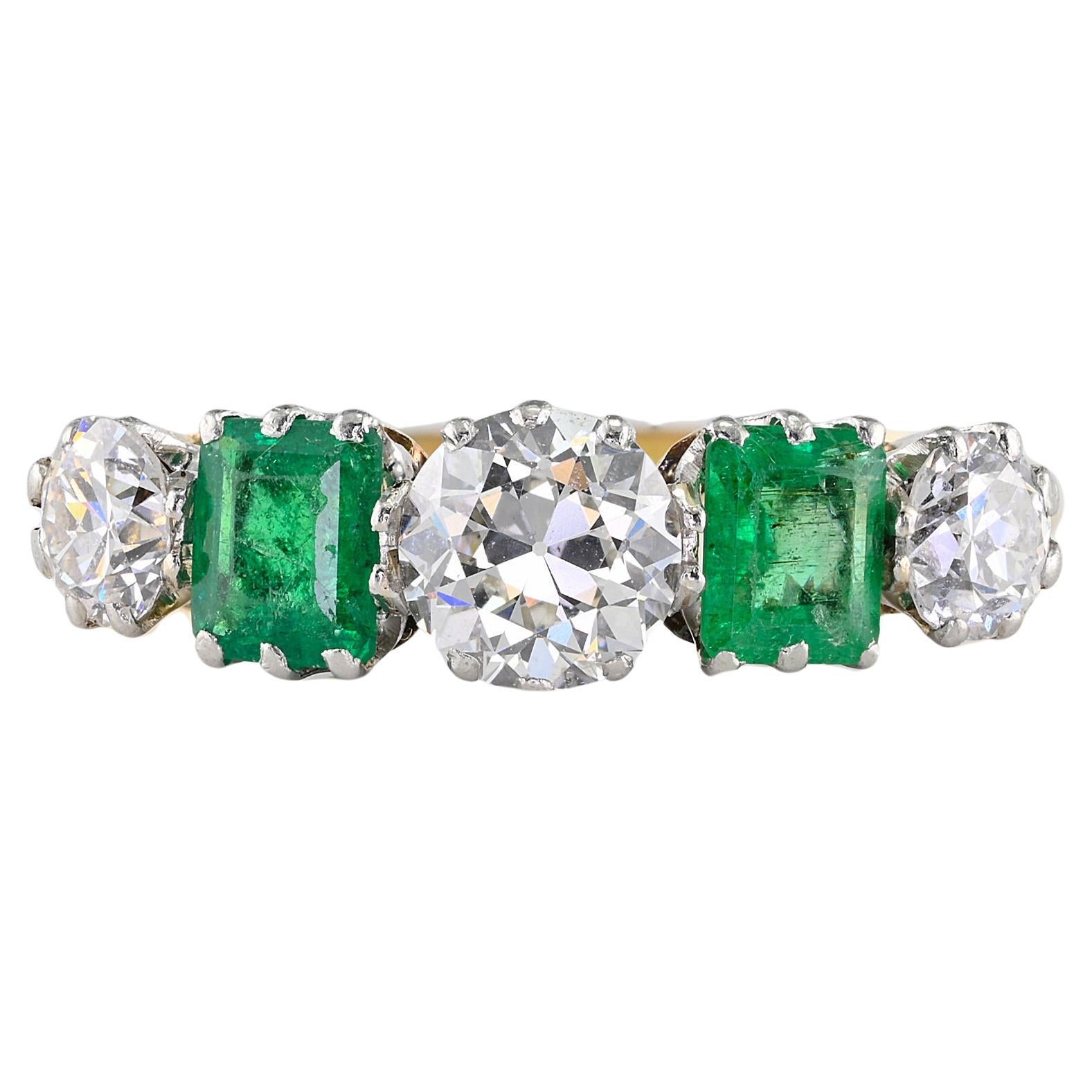 Art Deco Emerald Diamond Five Stone Ring 18 KT /Platinum For Sale