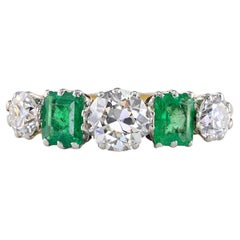 Antique Art Deco Emerald Diamond Five Stone Ring 18 KT /Platinum