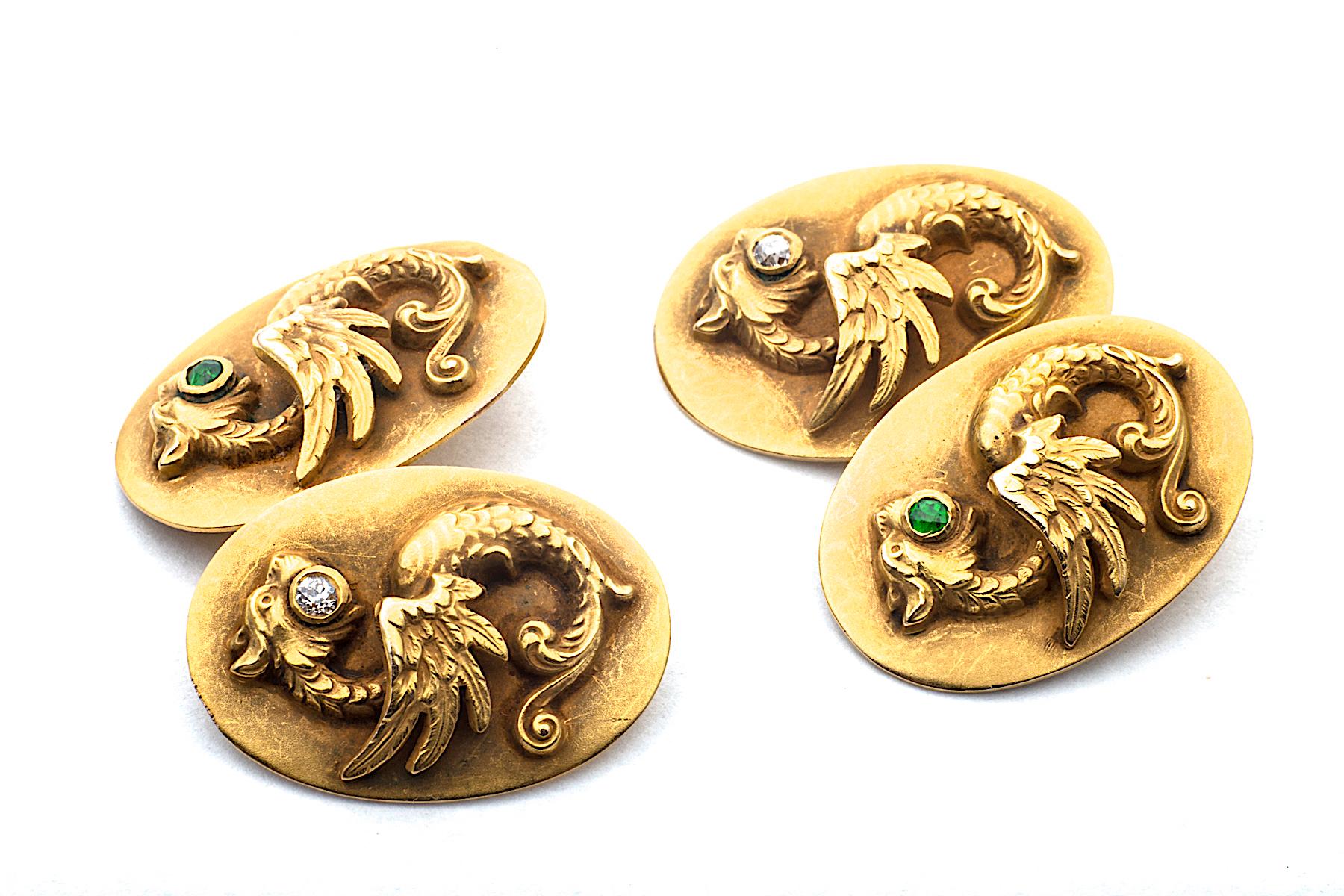 The mythical dragon is considered to be the king of beasts and represents strength, wisdom, luck, and unlimited potential.  And, these Art Deco 14 karat gold two dimensional dragon cufflinks will provide you with all the power you will ever need! 