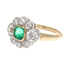 Art Deco Emerald Diamond Gold Platinum Cluster Ring