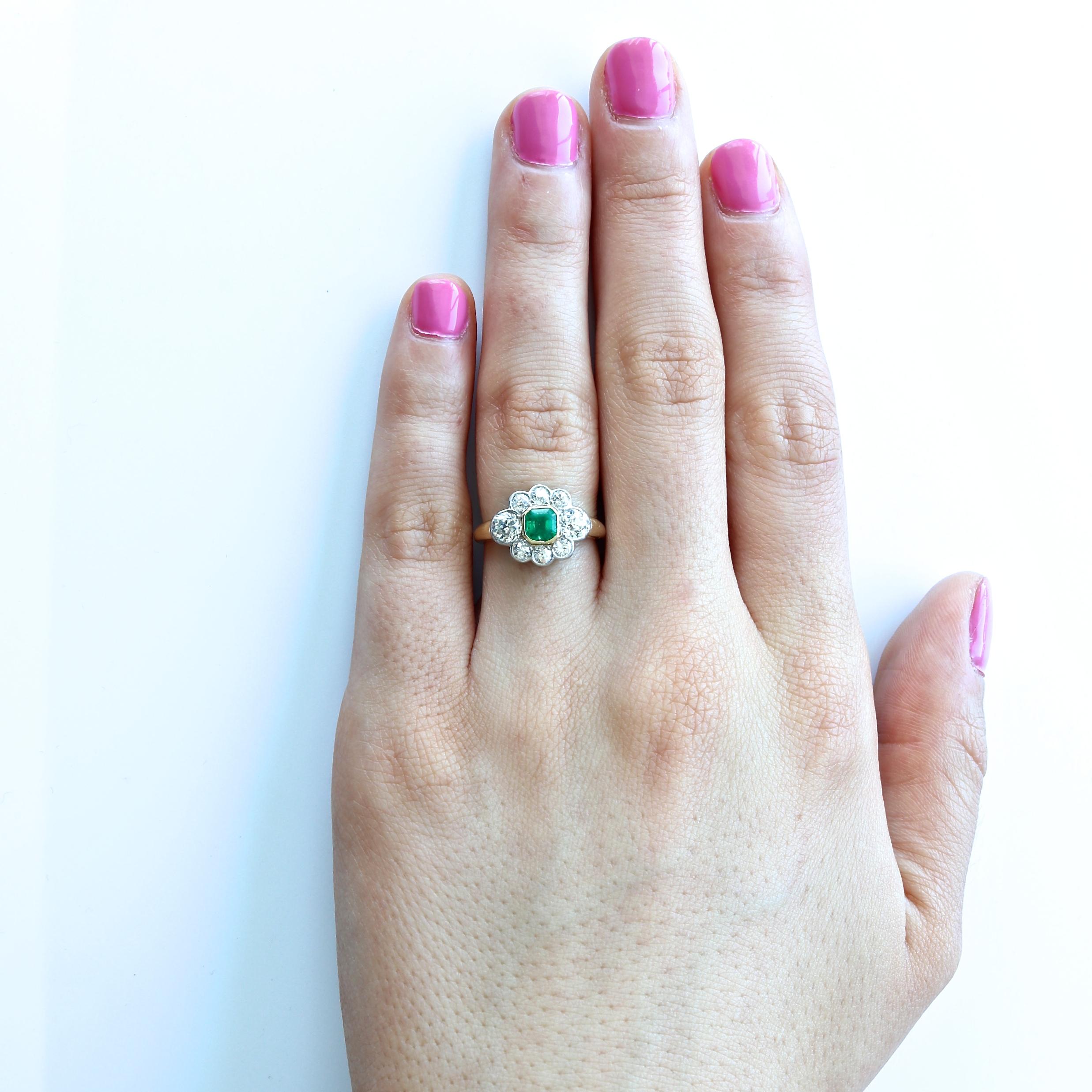 Art Deco Emerald Diamond Gold Platinum Cluster Ring 1