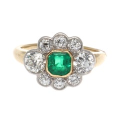 Art Deco Emerald Diamond Gold Platinum Cluster Ring