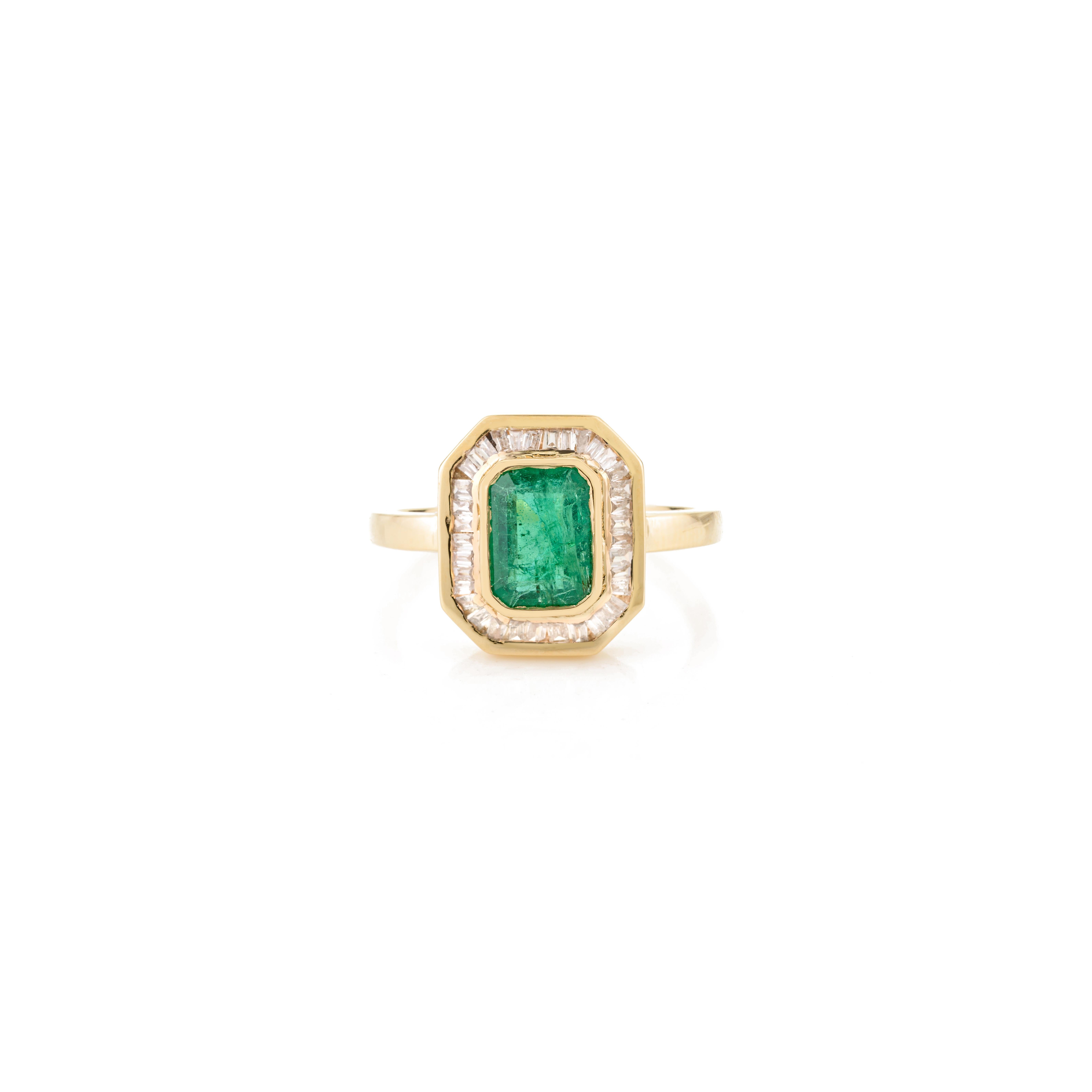 For Sale:  Art Deco Emerald Diamond Halo Wedding Ring in 18k Solid Yellow Gold for Her 3