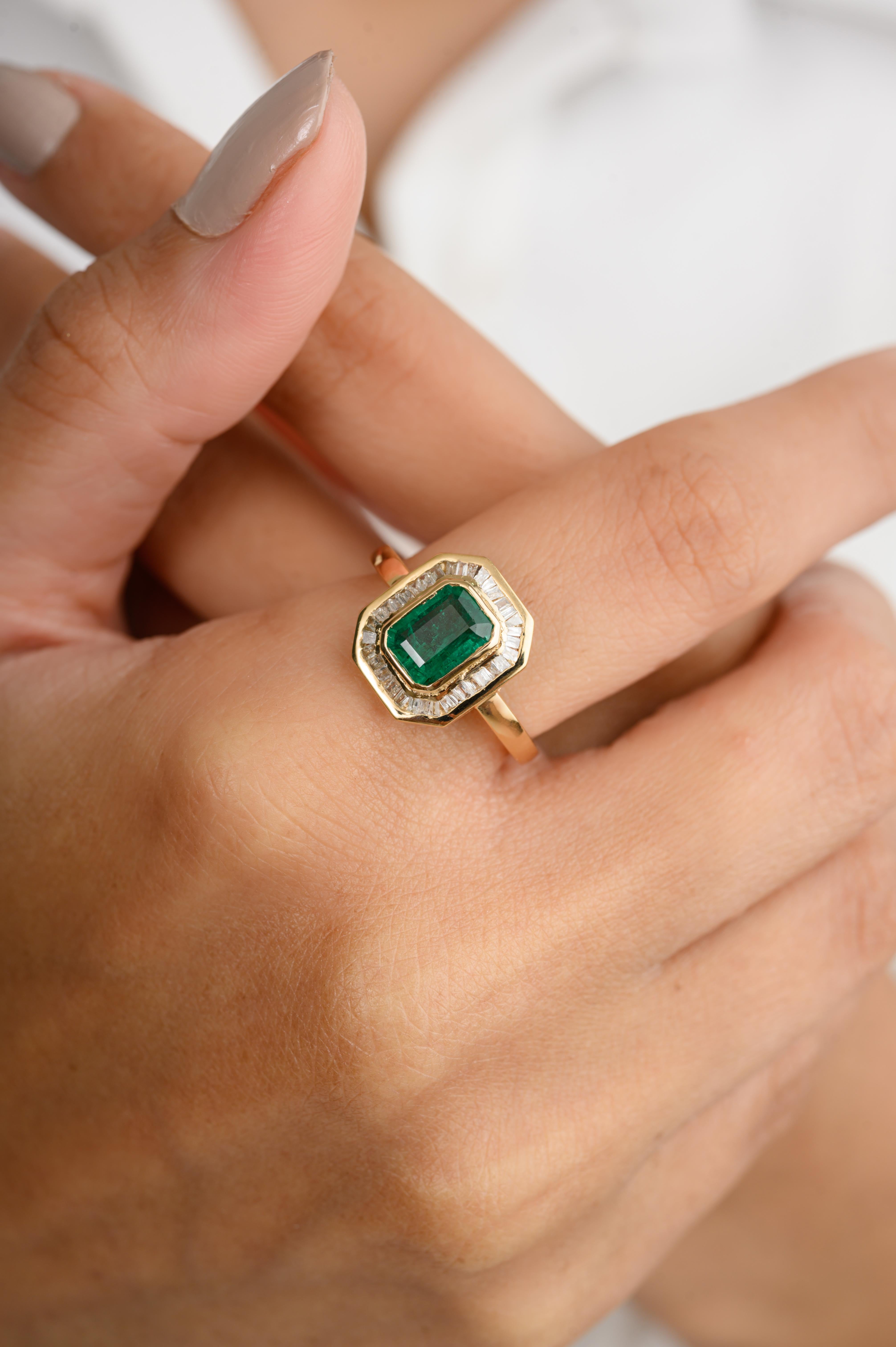 For Sale:  Art Deco Emerald Diamond Halo Wedding Ring in 18k Solid Yellow Gold for Her 4
