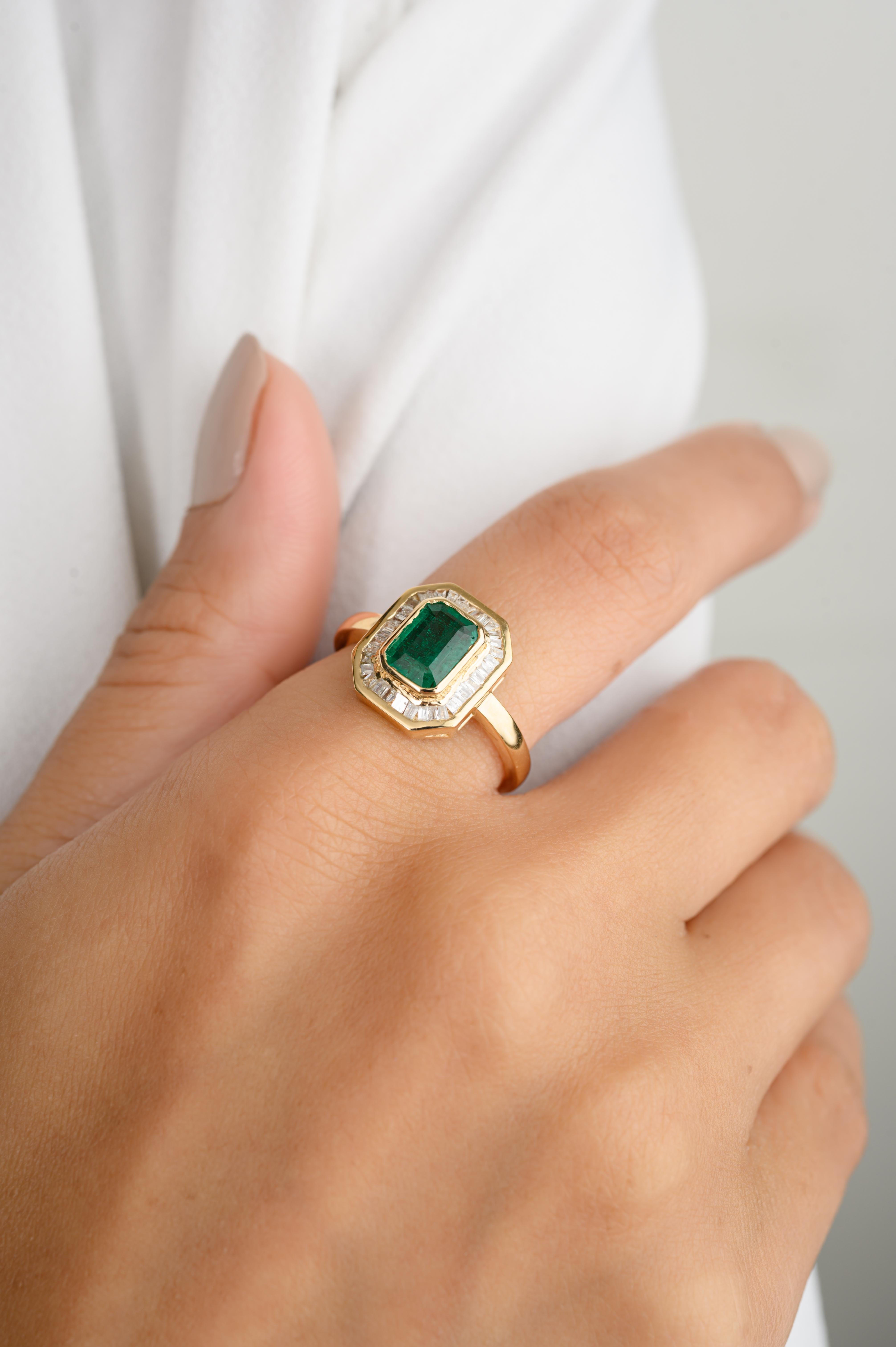 For Sale:  Art Deco Emerald Diamond Halo Wedding Ring in 18k Solid Yellow Gold for Her 6