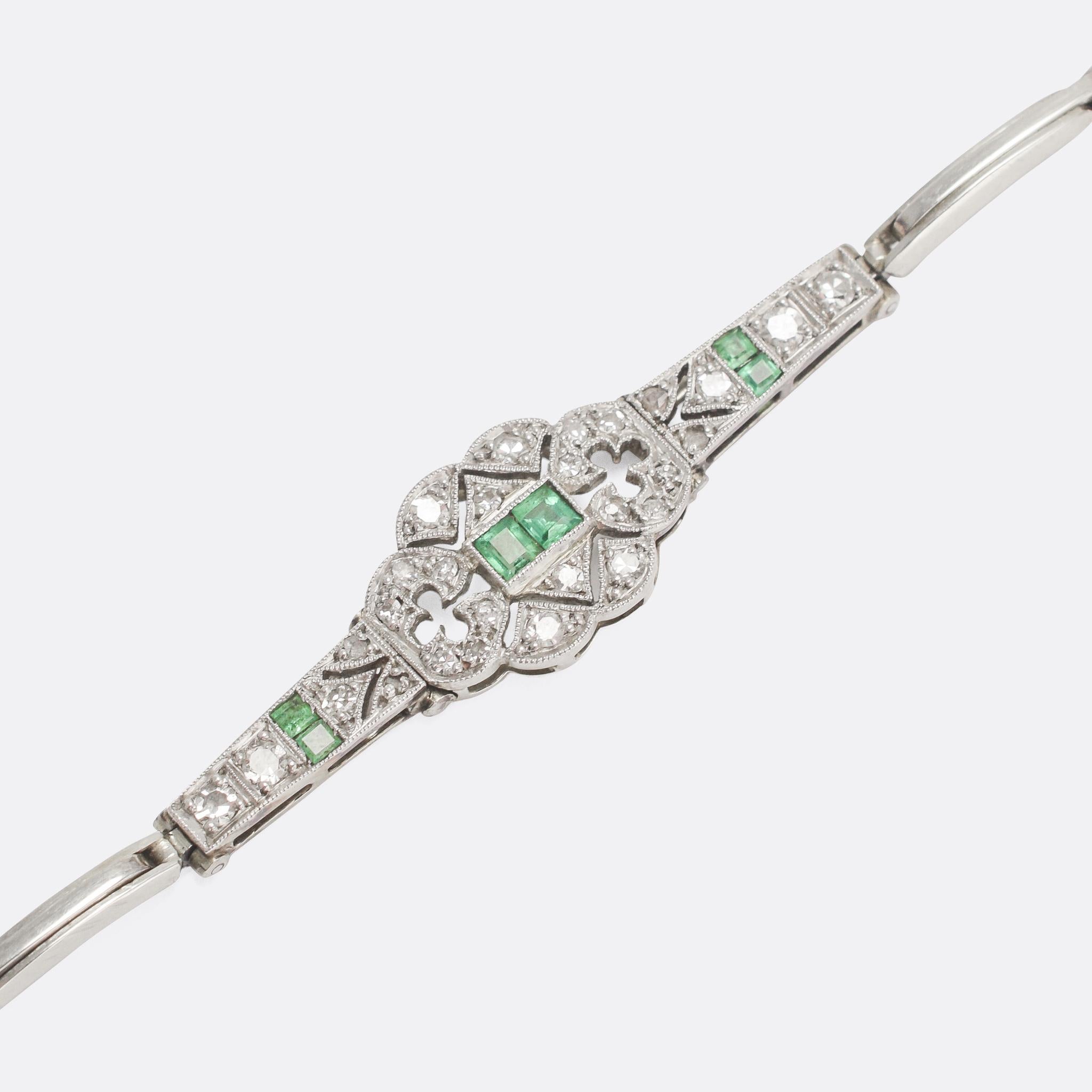 Women's Art Deco Emerald Diamond Millegrain Bracelet